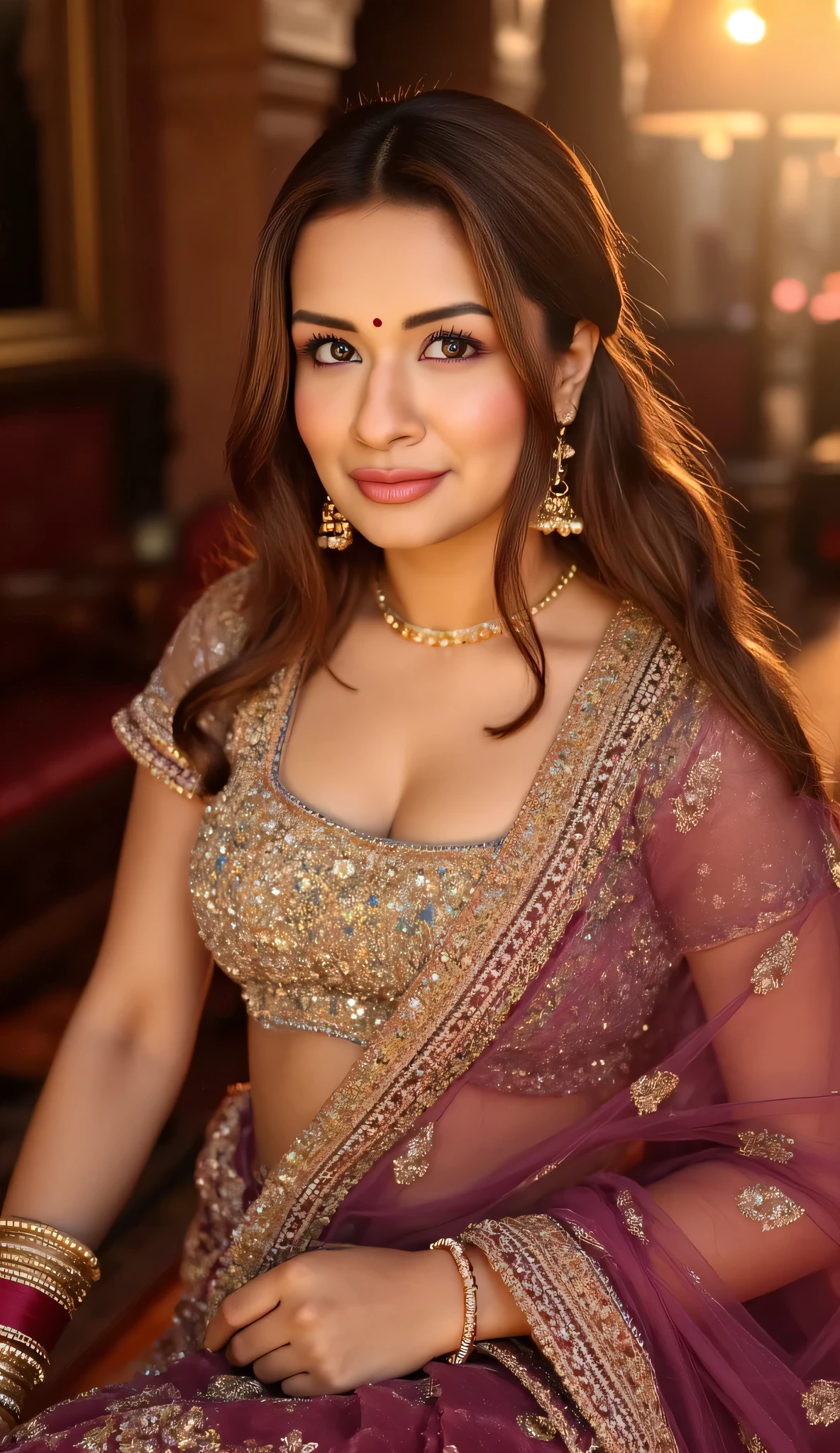woman, beautiful face, portrait, sitting on a chair, extreme cleavage, body facing camera, face facing camera, beautiful slim very pale indian woman, dusky skin, hindu bridal makeup, bangles,maroon bridal veil, dark maroon bindi forehead, necklace, earring, in a palace,gorgeous symmetrical face, loving gaze, High Resolution, Looking at viewer, Masterpiece, Anatomically Correct, Best Quality, Super Detailed, UHD, Award Winning, Best Quality, Detail, High Details, Super Detailed, Accurate, long wavy brown Hair, Portrait Photography, dark background, golden hour