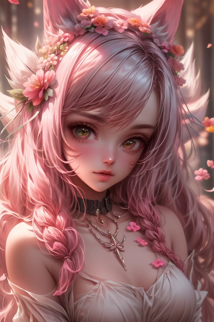 anime girl with pink hair and a choke in a field of flowers, artwork in the style of guweiz, 8k artgerm bokeh, inspired by WLOP, 4 k detail fantasy, detailed digital anime art, ross tran 8 k, 8k high quality detailed art, deviantart artstation cgscosiety, 2. 5 d cgi anime fantasy artwork