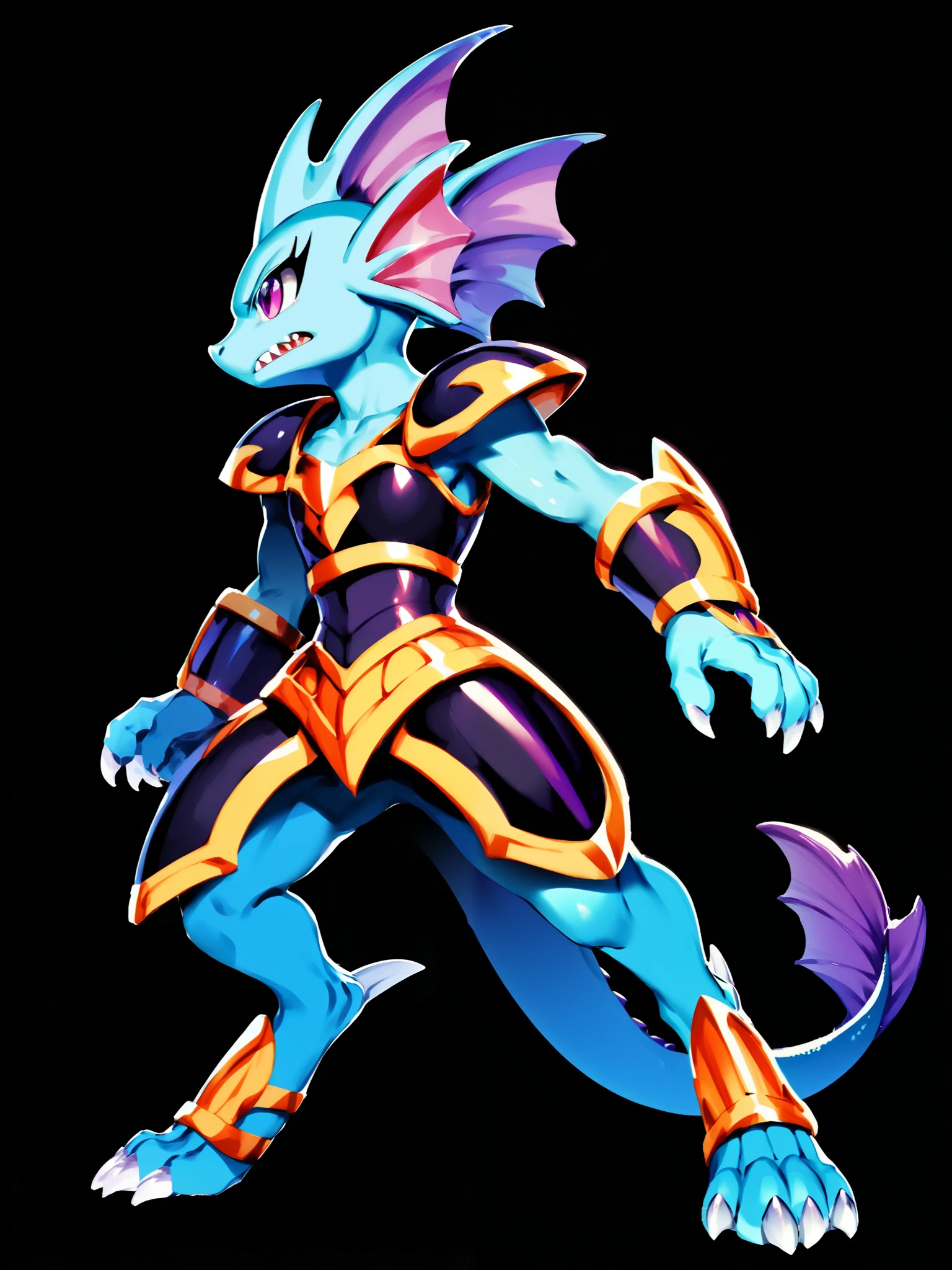 Anime, ((anime style)), solo drawing, solo, Three-Quarter view, ((Solid Black Background)), ((vivid purple eyes)), ((draconic ear frills)), ((head fin)), ((tall figure)), ((digitigrade legs)), ((digitigrade feet)), ((highly detailed anime style)), clean lines, claws, Merga from freedom planet 2, light armor, blue skin, black armor with gold trim, angry expression, sharp teeth, white claws, ((lower leg armor:1.5)), low contrast, ((darker colors:1.5))