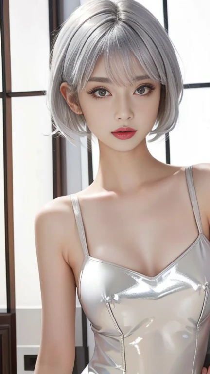 Chic, Hourglass body, short white-hair, (((Micro Black Bikini))) , 8k picture, Best Quality, ((((Micro Bikini)))), Beach, ((((bottom-up view)))), (((Micro Bikini))), (((White shiny skin)))