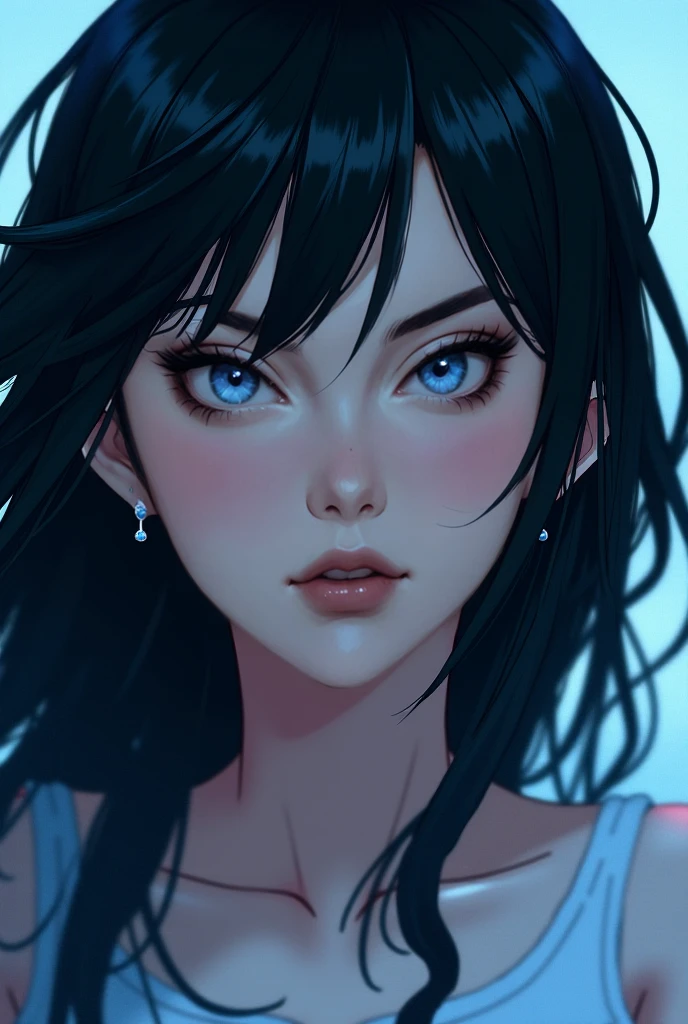 A beautiful girl with long flowing black hair, (detailed eyes, beautiful blue eyes, detailed lips, detailed face:1.2), large breasts, serene expression, realistic portrait, high quality, masterpiece, 8k, photorealistic, hyper detailed, studio lighting, dramatic lighting, vibrant colors, cinematic