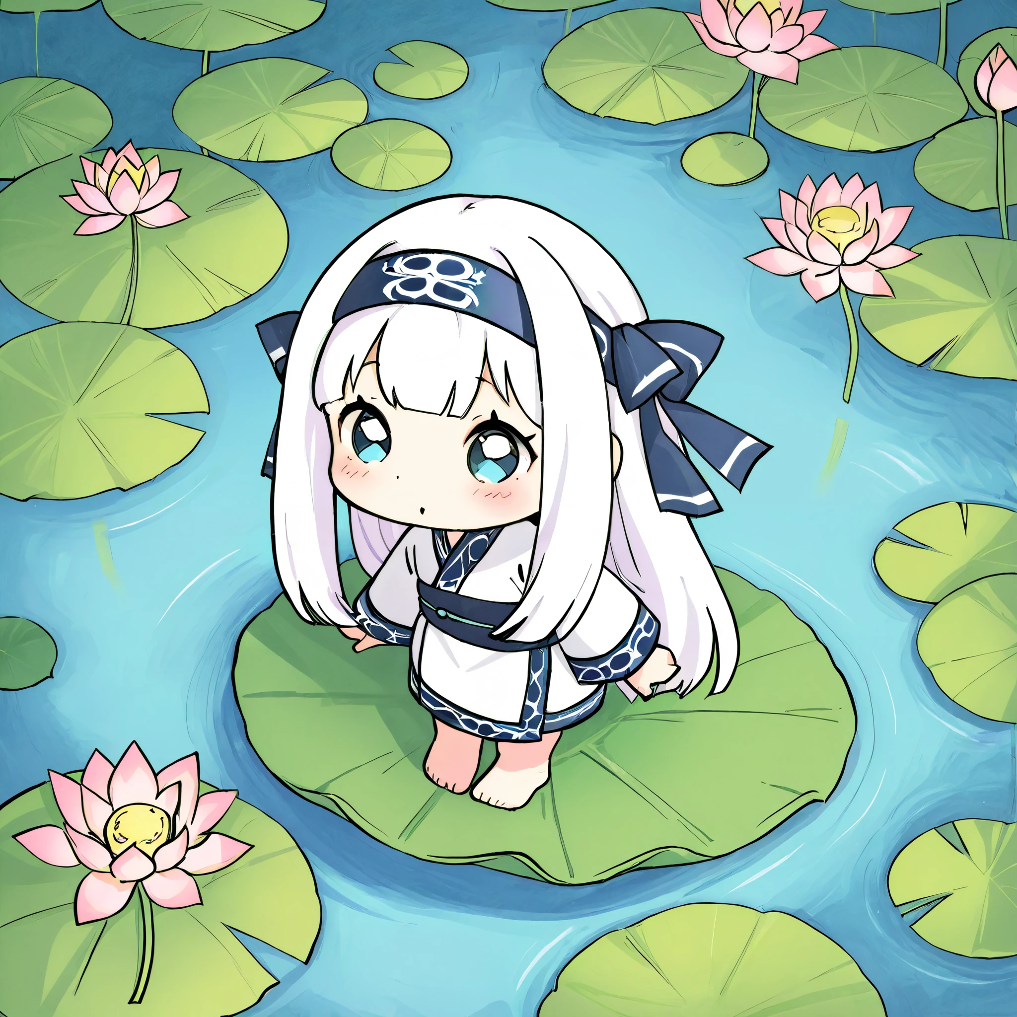 score_9, score_8_ up the side, score_7_ up the side, pretty girl on a lotus leaf, chibi, dot eye , Colop SMT , long hair, headbands , Ainu clothes , Long Sleeve, barefoot, Outdoors, Koropokkuru、Koropokkuru