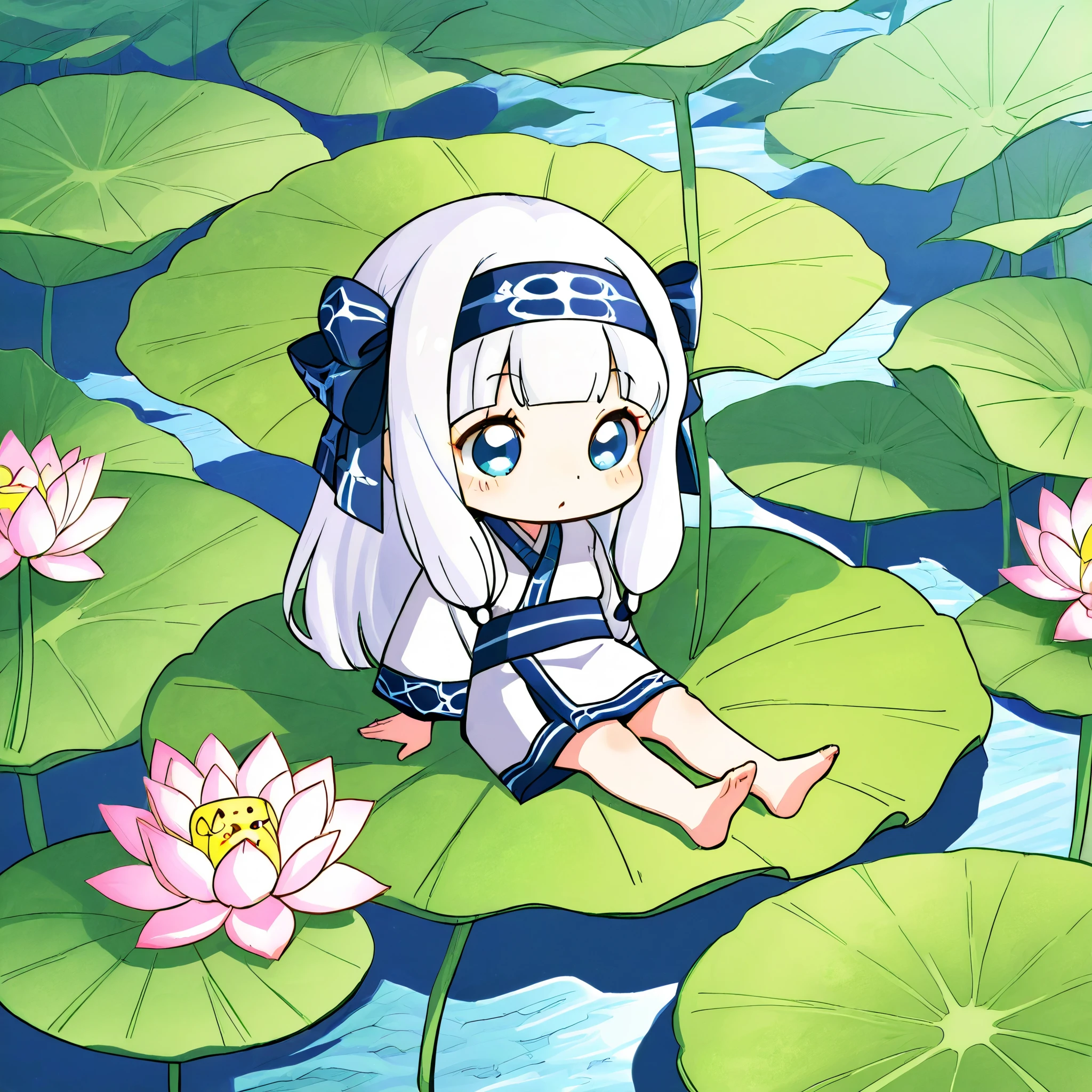 score_9, score_8_ up the side, score_7_ up the side, pretty girl on a lotus leaf, chibi, dot eye , Colop SMT , long hair, headbands , Ainu clothes , Long Sleeve, barefoot, Outdoors, Koropokkuru、Koropokkuru