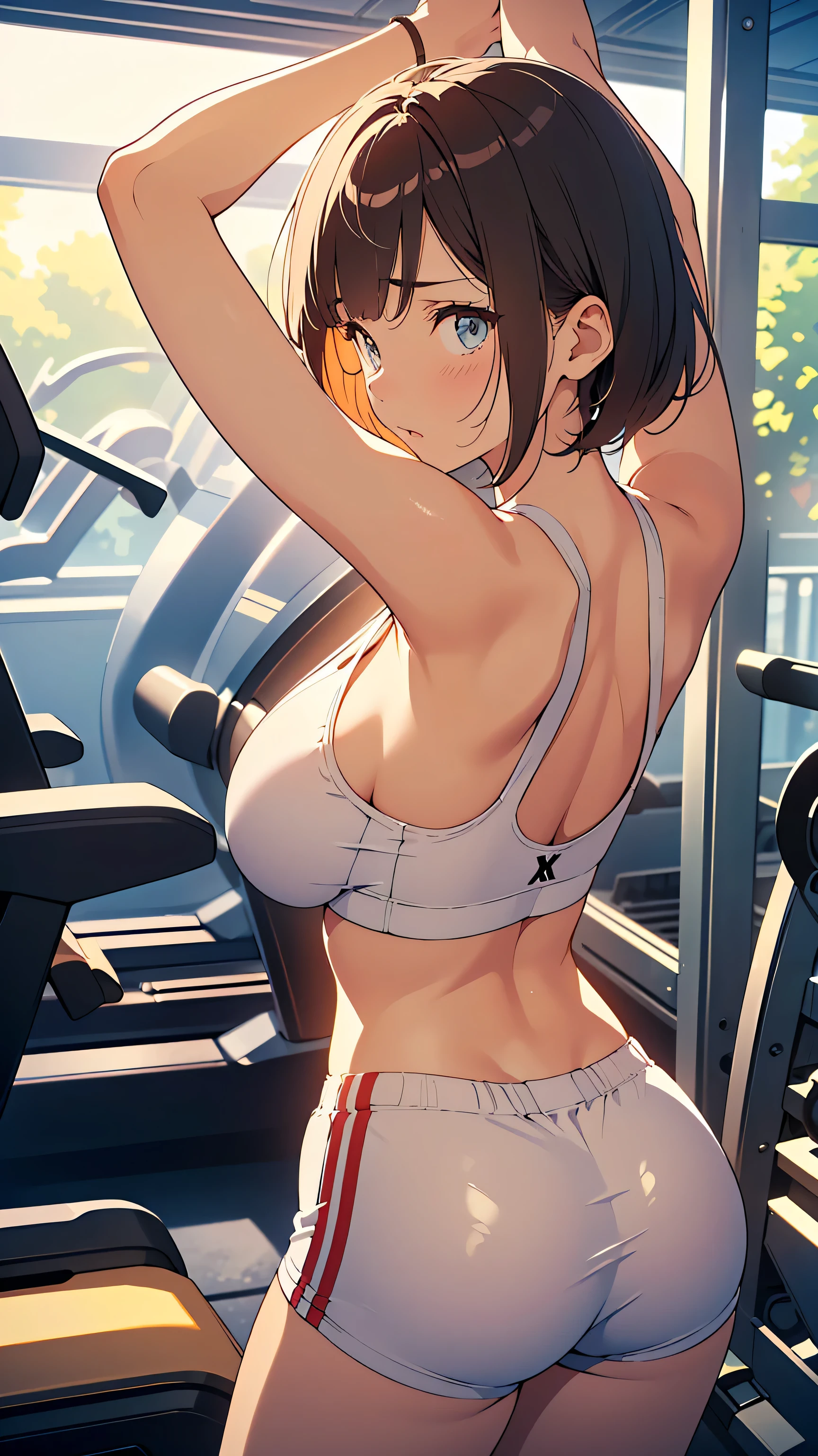 Masterpiece, top quality, illustration , Nostalgic Photos:1.5, (( image of sticking out buttocks and bending forward {x} outlined with very thin lines:1.3)), Ultra Detailed, fine detail, high resolution, 8k wallpapers, perfect dynamic composition, beautiful eyes in every detail , cute fatness wear , ( tight sports bra , tight shorts), ( short hair, Shiny hair,loose hair ), (Big Natural Tits:1.6), (An image of the underside of an exposed breast , Underboob), natural color lip, (Stretch your legs forward and bend forward:1.6), Stretch your hands to your feet, (28 year old girl, OL), (), ( painful expression that binds the knee and wrist:1.3), (( focus on your upper body )),cowboy shot, ((Gym, フィットネスGymで)),