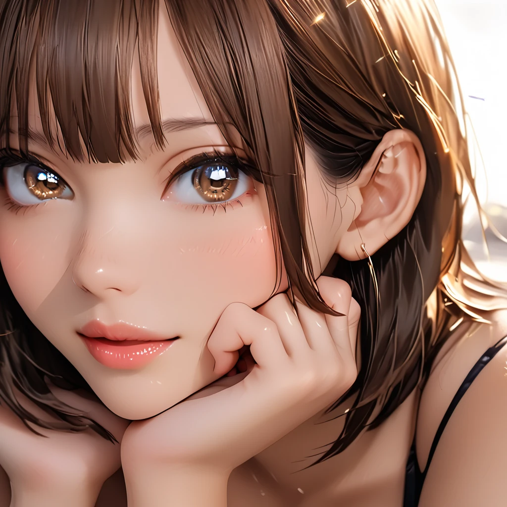 Very detailed, beautiful, Highest quality, Professionally taken photos, short hair, underwear, Brown Hair, Face Shot Up