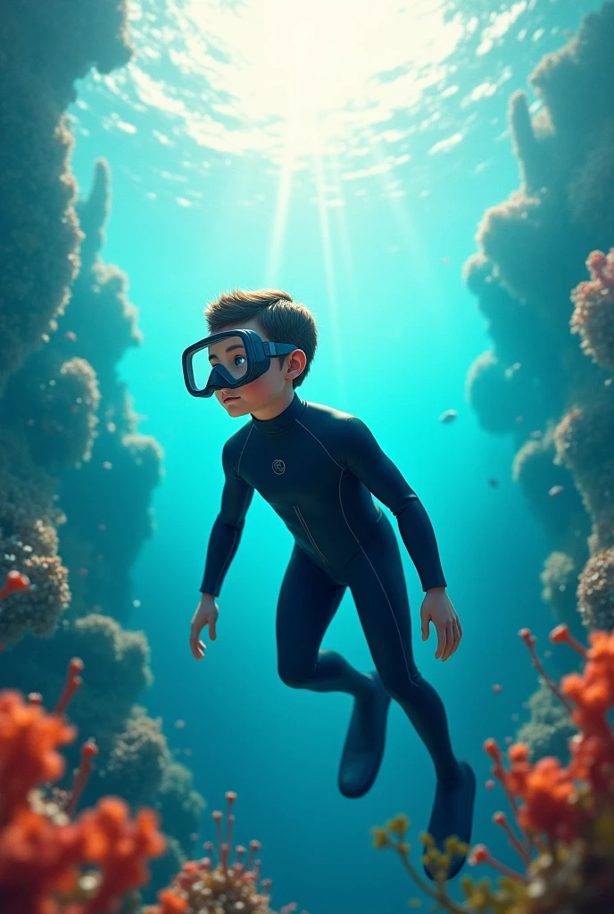 A boy is diving under water and he is wearing a diving suit. A very beautiful scene is visible in the picture. There are beautiful fish around him and there is a sea of ​​fish. He has an oxygen tank on his back and a mask on his face through which he is breathing. Illustration inspires 8k view realastic 8k.wide 
