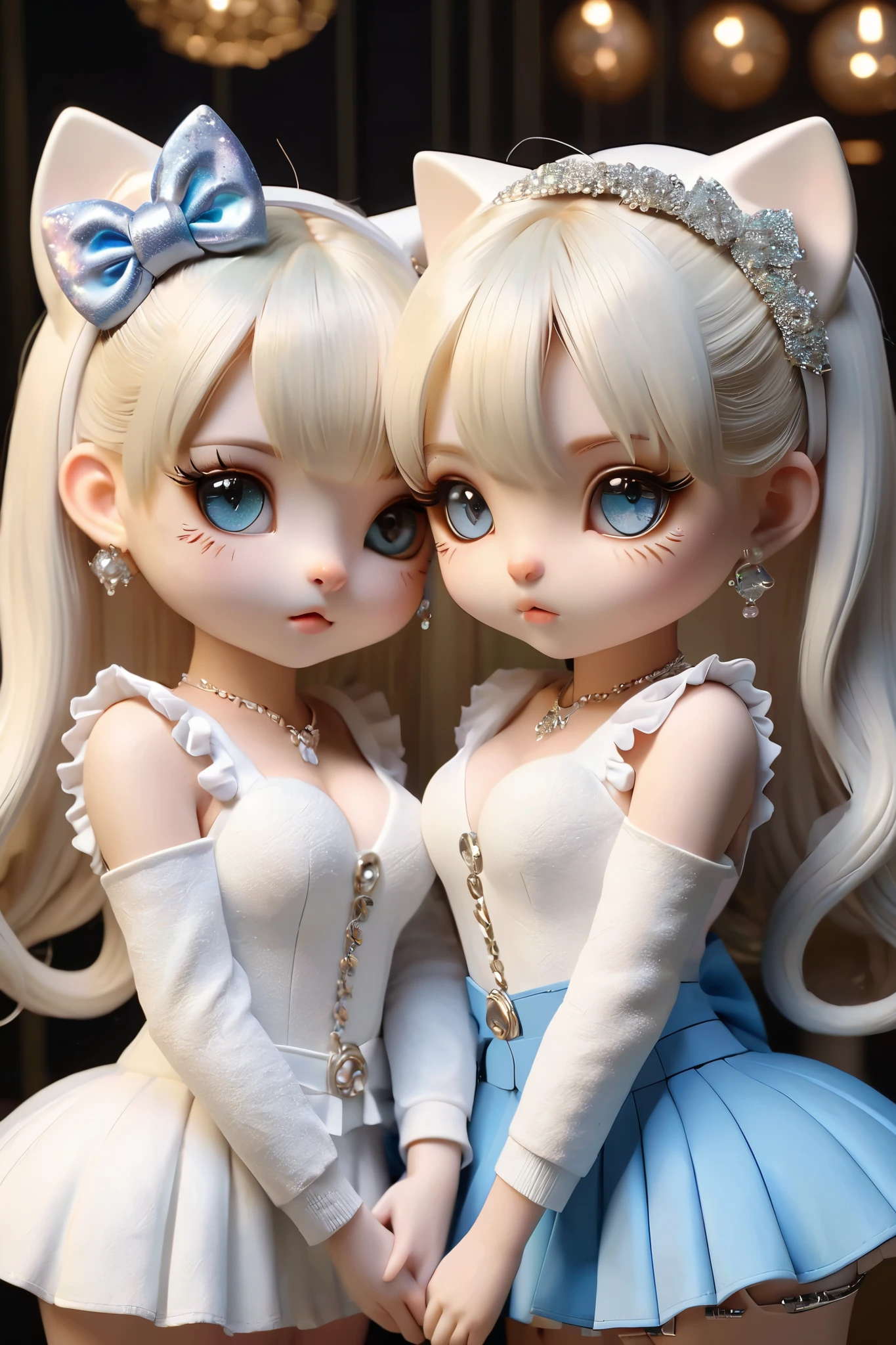 2 cat girls,2girl , twin tails, full body shot with a shy expression,((Hug each other composition)), 2 girls facing each other ,kitten, twin tails, full body shot with a shy expression,ハBーキティー,とても beautiful,白いCat ears, full body shot with a shy expression,Albino Skin,Cat's beard ,Cat ears,((Cat earsにはひとつの大きなリボンの髪飾り)), Animal Ears,B, standing,Cat ears, style is good, eyelashes,White cat, beautiful太もも, round and sparkling eyes, has big eyes that don't fit the proportions of the face,Glass Eyes,Sparkling big eyes,Colored Contact Lenses,Bリータ, eyelashes, Pair Look Like Twins , beautiful detailed eyes, beautiful detailed lips, highly detailed eyes and faces , long eyelashes, ブBンドヘア, blue eyes,, beautiful, is present, photo is present, photo- is present:1.37, top quality, 4K, 8k, high resolution, Masterpiece:1.2, Super Detail, is present, vibrant colors, studio lighting, Physically Based Rendering, very detailed depiction, プBフェッショナル, beautiful natural lighting, intricate details