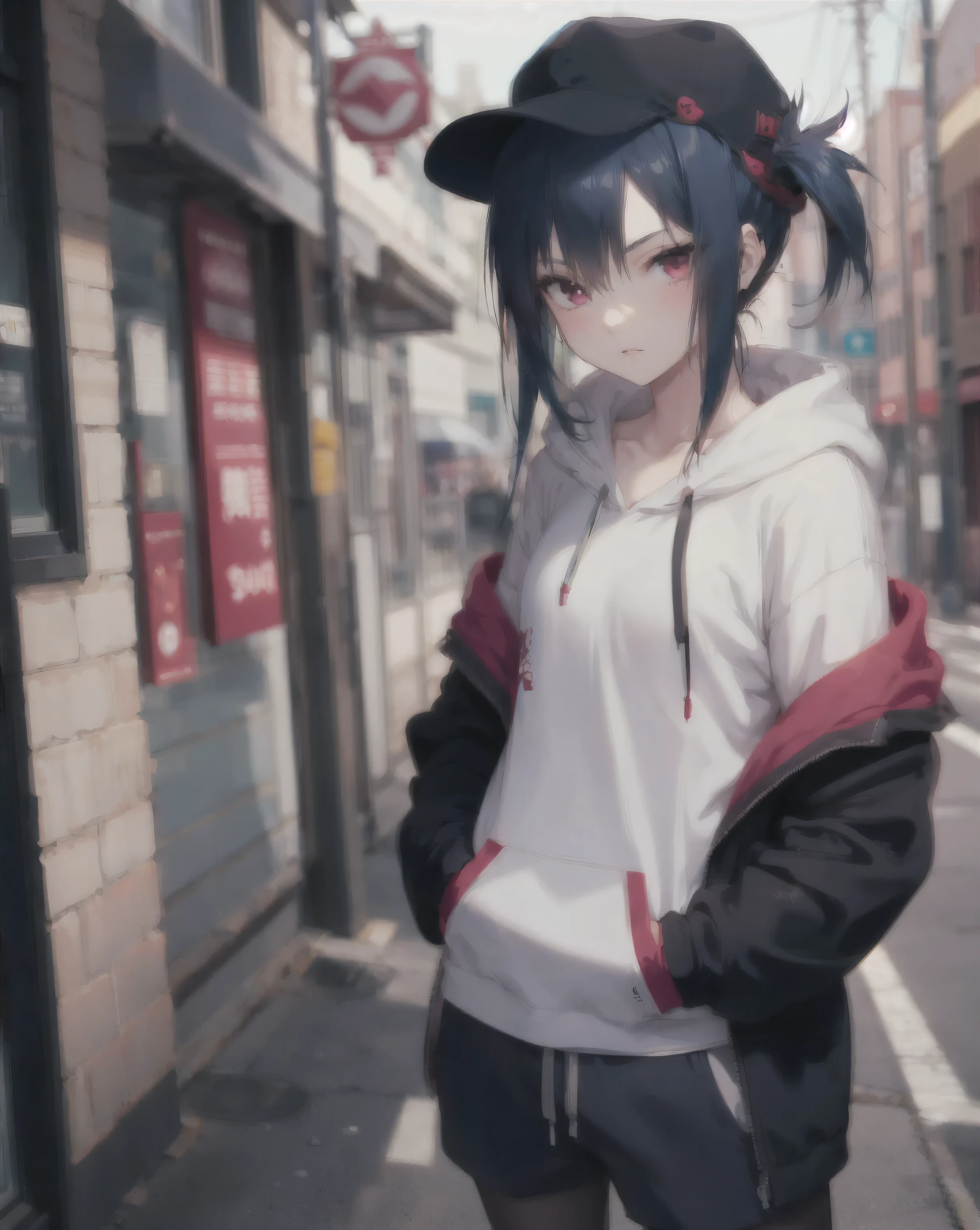 masterpiece,1girl,solo,long hair,blue hair,hoodie,off shoulder:1.2, mob cap, street,hand on hip, hand in pocket,(uchiha sasuke female version)