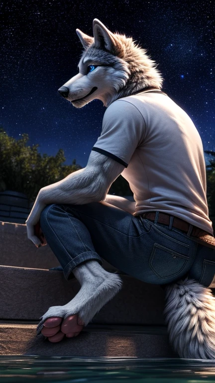 Lex has grey fur with white laccented by teal fur covering his back and the top of his head, with blue hair, He has gray fur on the bridge of his black nose, he wears a blue t-shirt and white sweater, a pair of slim dark gray chinos, and nike shoes, jeans shorts. anthro wolf, male, adult, muscles, grey fur, buffed body, tail, sexy, beefy body, furred body, furry chest hair, realistic, full body, photorealistic, ultra realistic, 8k, night, bare-chested