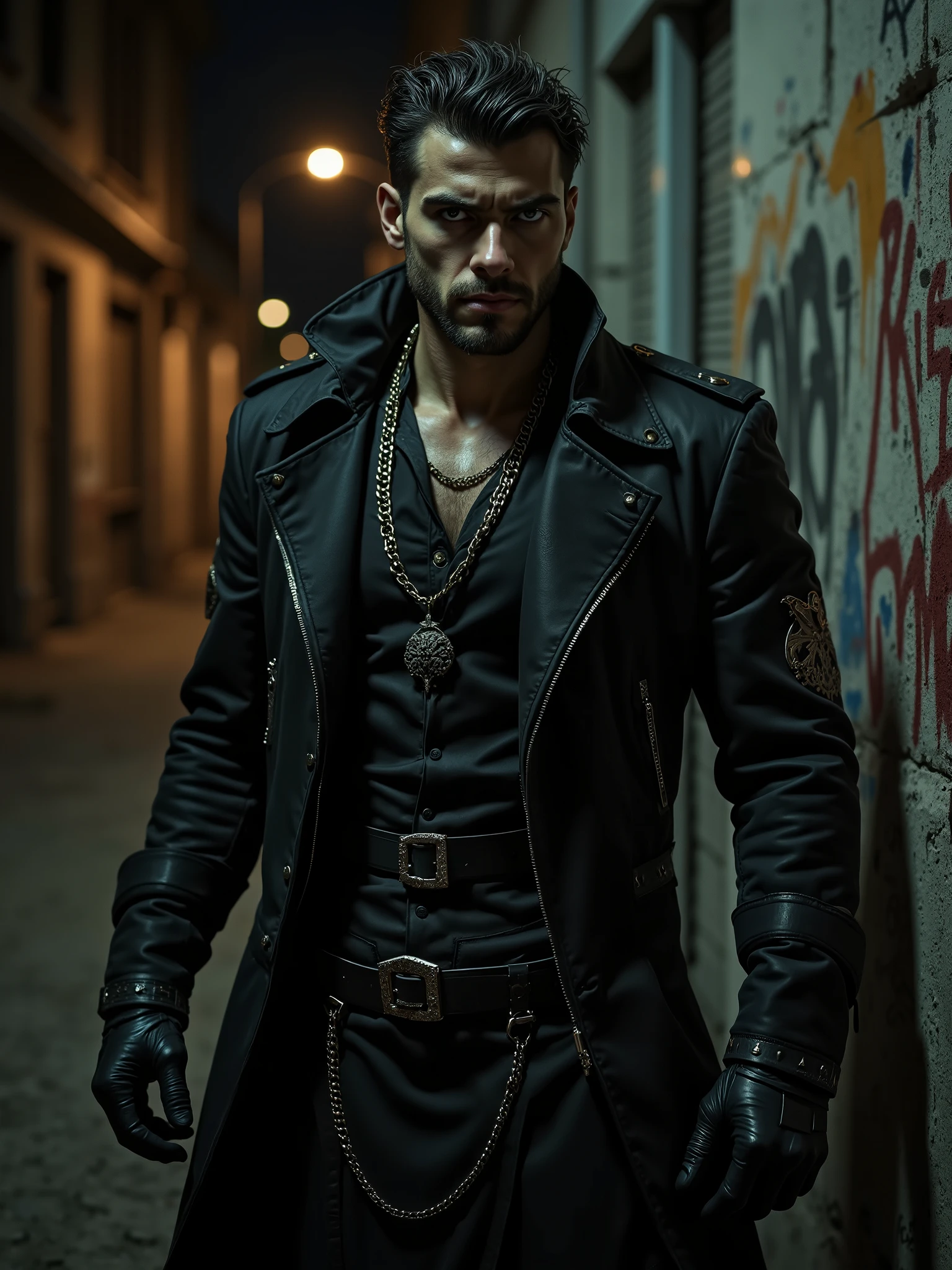 Realistic photo of a Gothic man about 25 years old, Rough look, serious and fearsome face , big and muscular body , wears black Gothic modern clothes , with chains and arcane symbols . In the background a dark street at night , a wall full of graffiti .