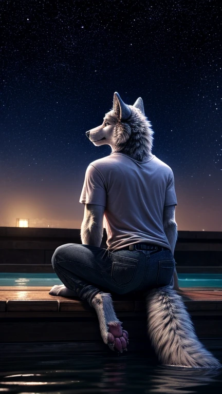 A Long Shot,Profile Shot, A dashing male wolf furry in a casual t-shirt and jeans leans against the railing of a boardwalk overlooking the ocean. The salty breeze carries the sound of crashing waves and seagulls as he watches the sunset dip below the horizon. He takes a deep breath and reflects on the day's adventures, feeling grateful for the beauty of the natural world around him. ambient light, natural light, tyndall effect,DSLR camera, advanced lighting for film, Unreal Engine 5,extremely realistic, hi res, cute