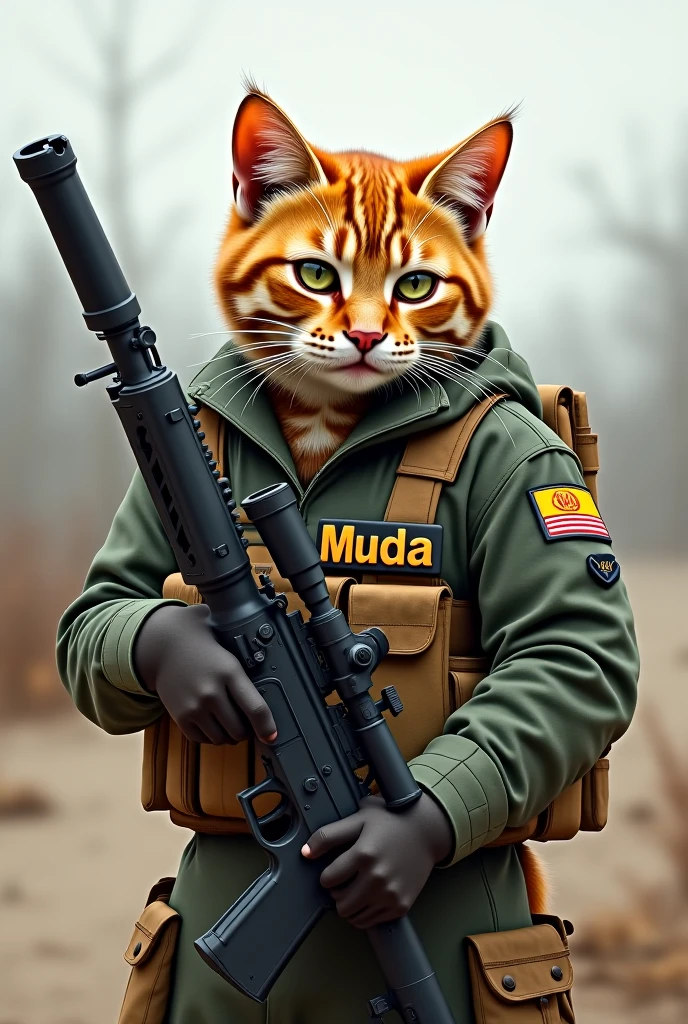 A cat solidar Holding a Ar 15 with Iran flag on background