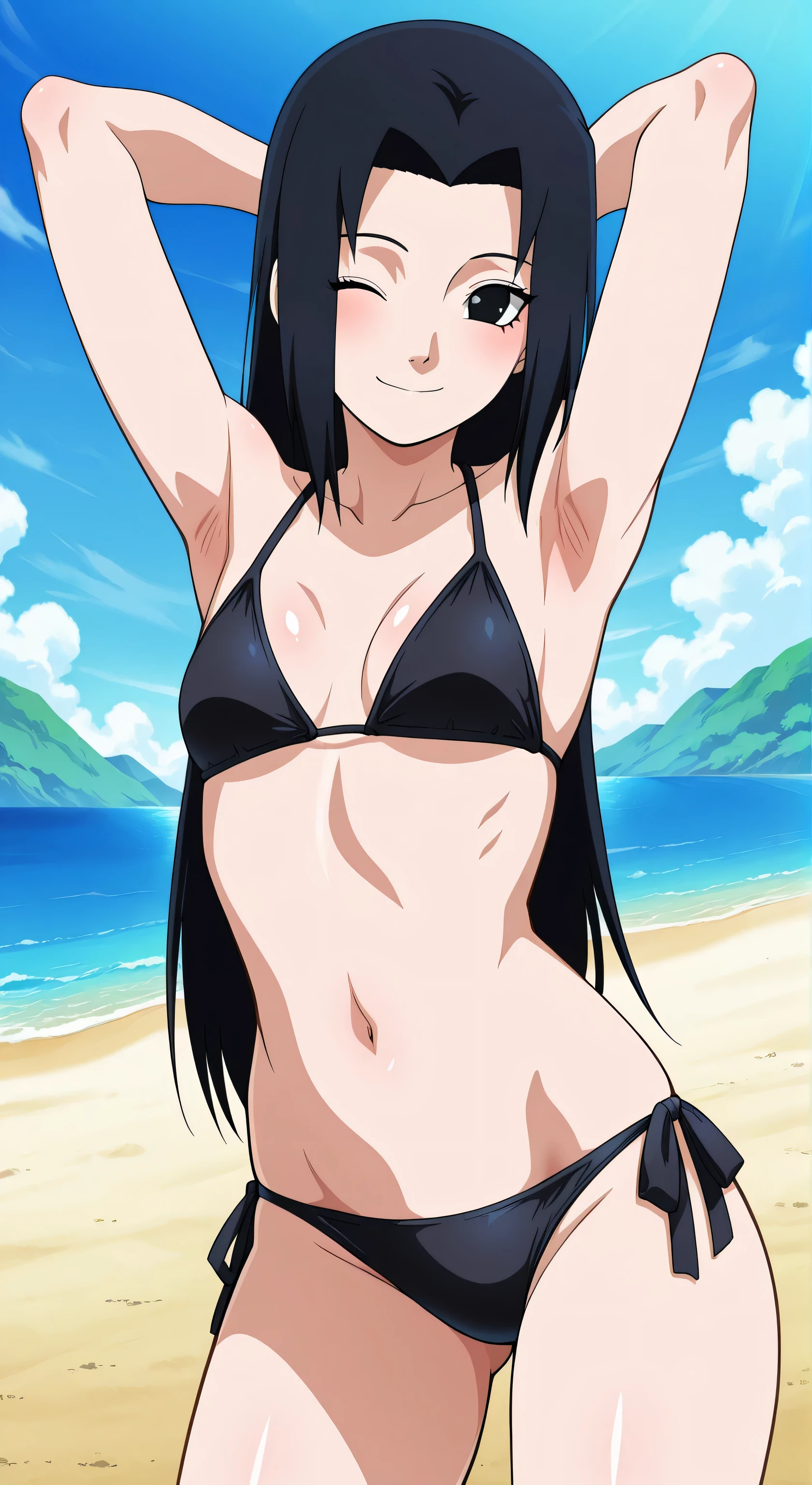 ((highest quality)),((Very detailed)),masterpiece,Anime art style,Absurd,One girl,((Dynamic pose)) , alone, Black Hair, young woman, Beautiful Fingers, Beautiful long legs, Beautiful body, Beautiful Nose, Beautiful character design, Perfect eyes, Perfect face, Expressive eyes, Perfect balance, Small medium breast,(Swimwear,Beach),View your viewers, In the center of the image,Cowboy Shot,