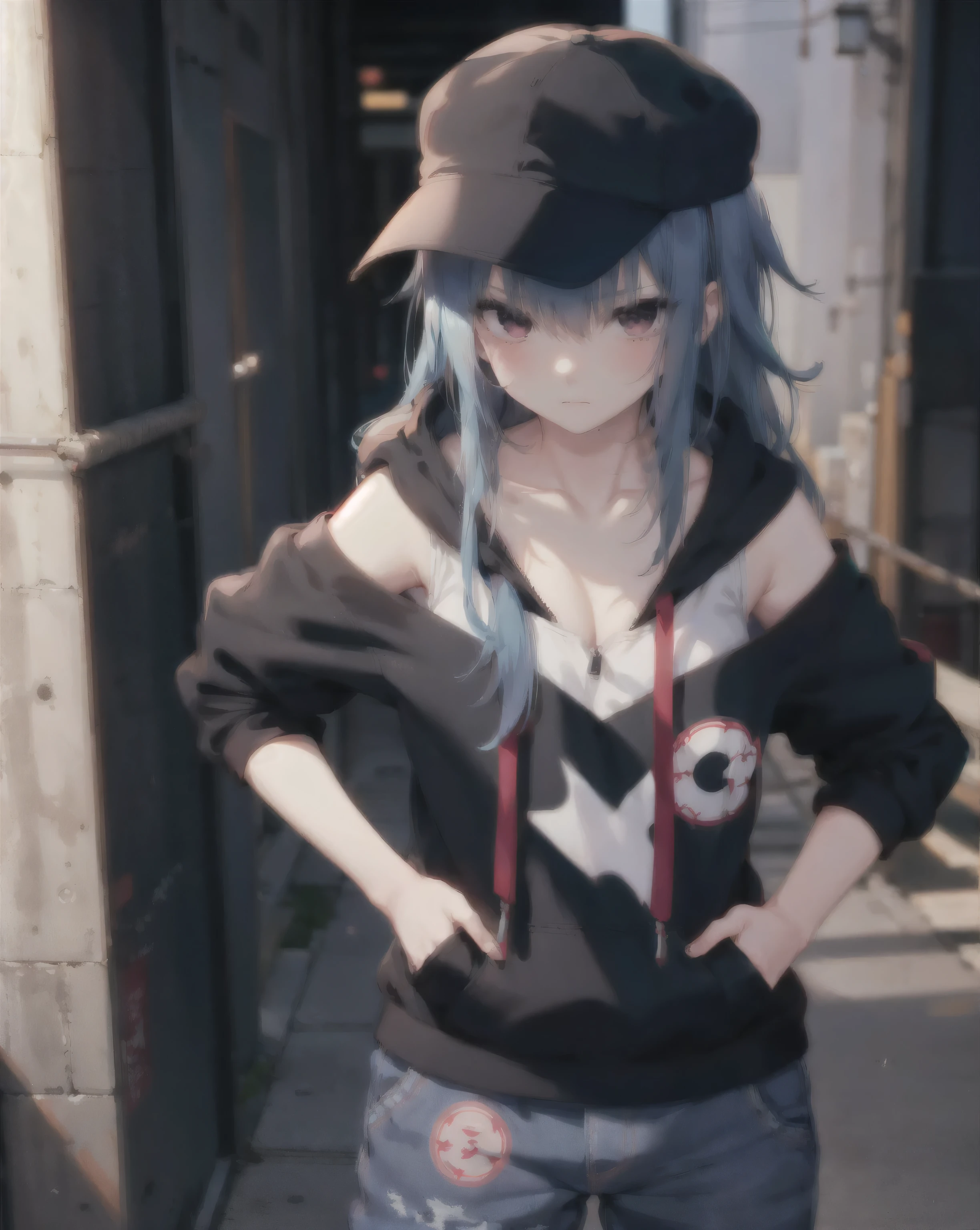 masterpiece,1girl,solo,long hair,blue hair,hoodie, akatsuki symbol on cloth, off shoulder:1.2, mob cap, akatsuki symbol on cap, street,hand on hip, hand in pocket,(uchiha sasuke female version), shy face