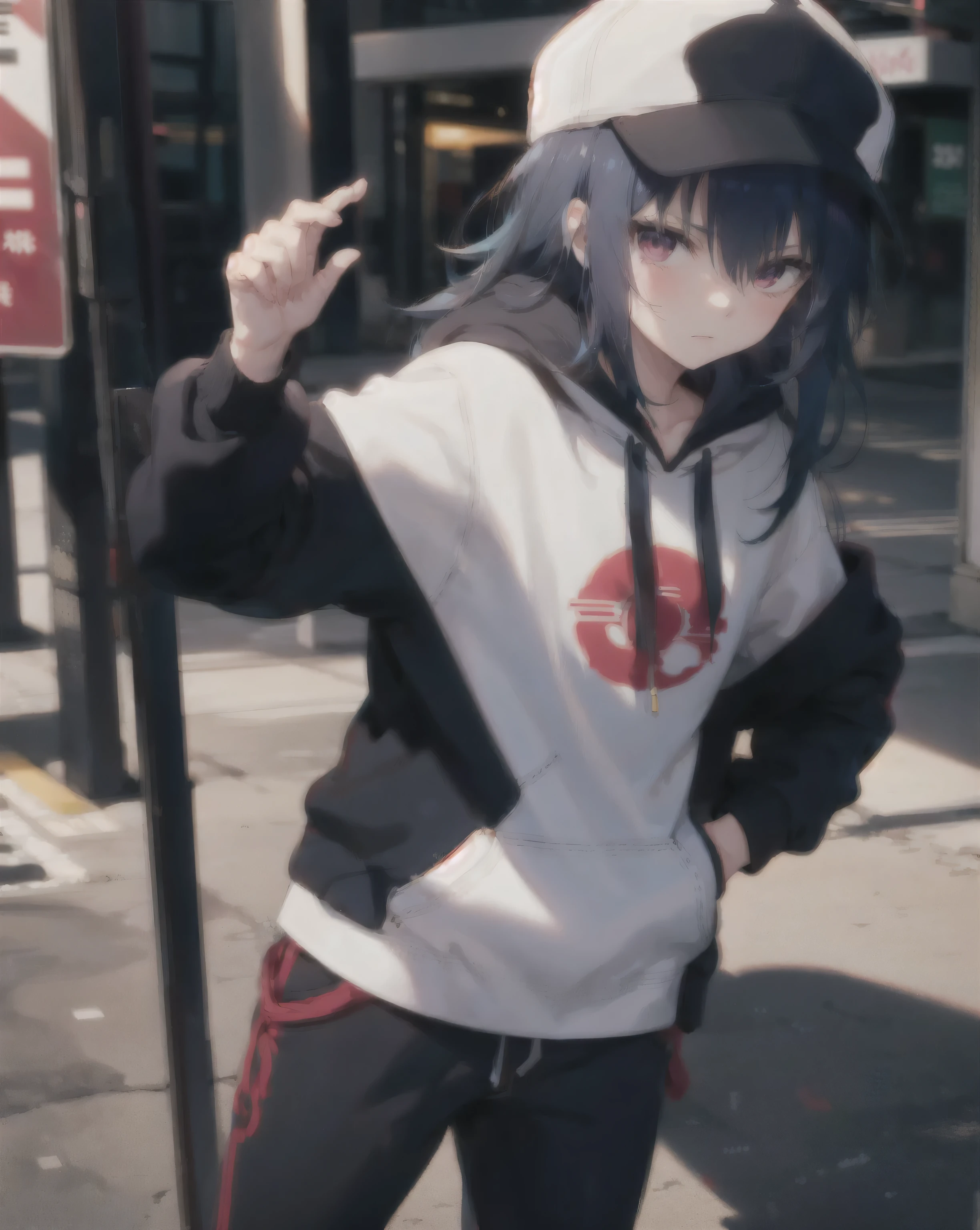 masterpiece,1girl,solo,long hair,blue hair,hoodie, akatsuki symbol on cloth, off shoulder:1.2, mob cap, akatsuki symbol on cap, street,hand on hip, hand in pocket,(uchiha sasuke female version), shy face