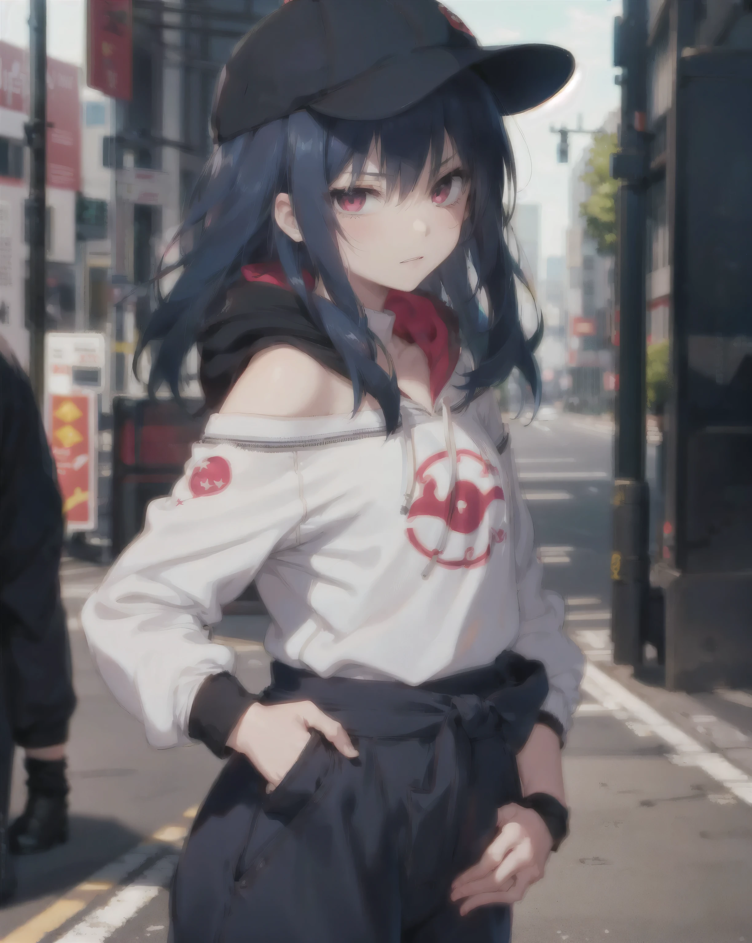 masterpiece,1girl,solo,long hair,blue hair,hoodie, akatsuki symbol on cloth, off shoulder:1.2, mob cap, akatsuki symbol on cap, street,hand on hip, hand in pocket,(uchiha sasuke female version), shy face