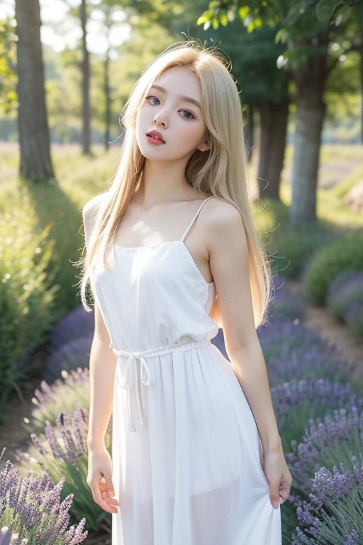 gufeng,bare shoulders, ((full body)), sitting position, Sitting in the garden,best quality, masterpiece, ultra high resolution,(realistically:1.5), RAW photos, 1 girl, silver hair, long white hair,hair accessories,bshoulder,Cool and cool,Sexy look detailed scene, amazing pose, eye-catching accessories, picturesque