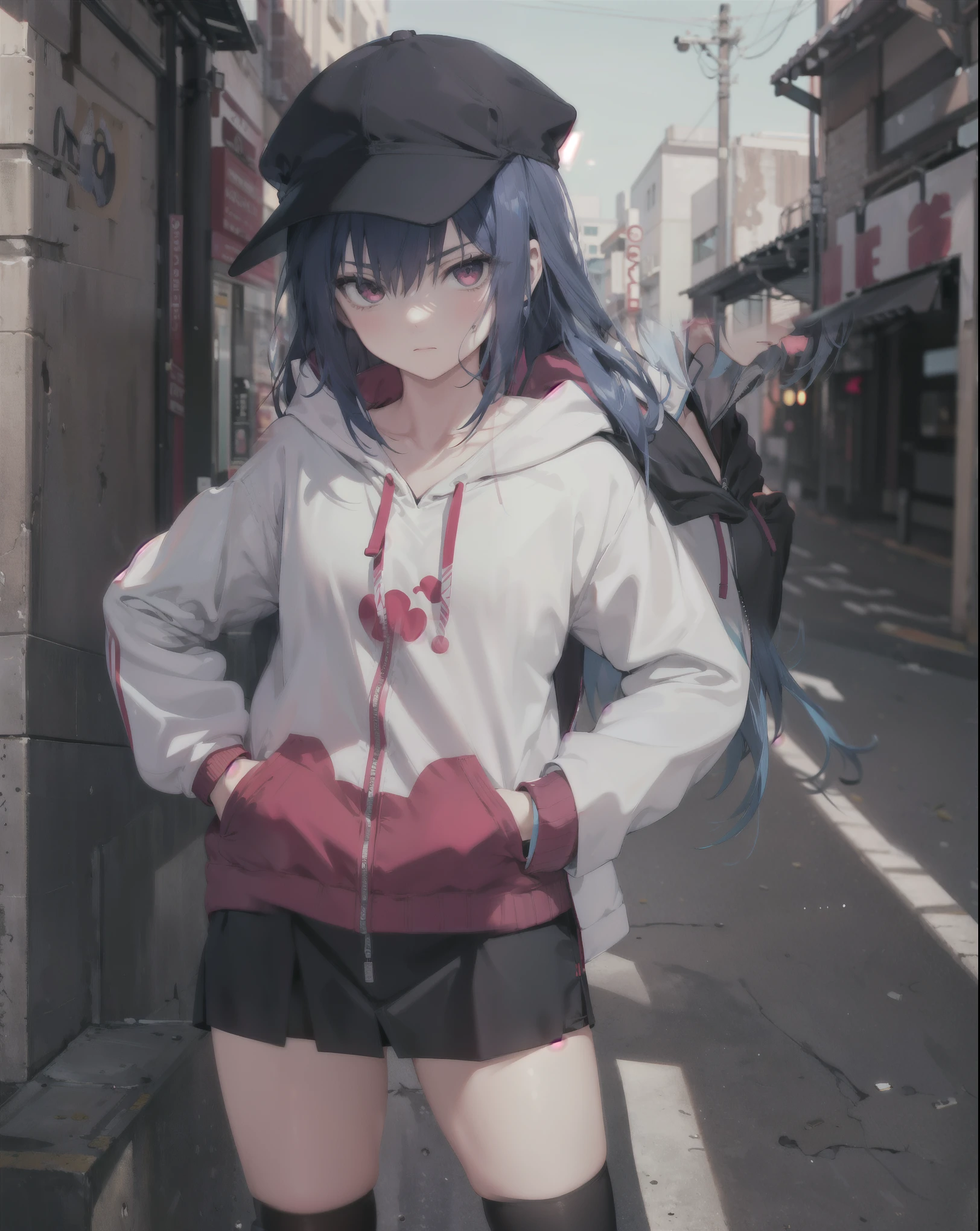masterpiece,1girl,solo,long hair,blue hair,hoodie, microskirt, akatsuki symbol, off shoulder:1.2, mob cap, street,hand on hip, hand in pocket,(uchiha sasuke female version), shy face