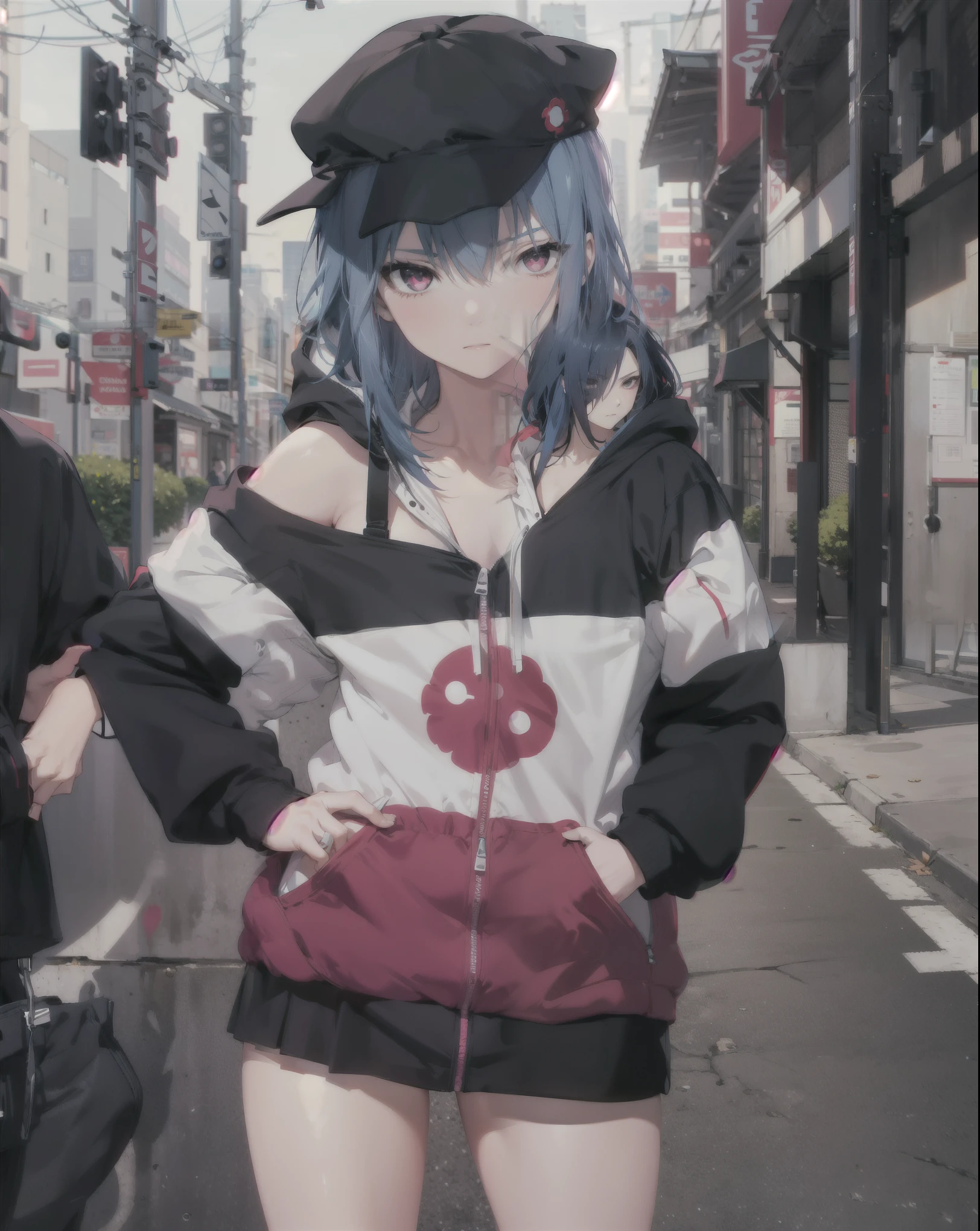 masterpiece,1girl,solo,long hair,blue hair,hoodie, microskirt, akatsuki symbol, off shoulder:1.2, mob cap, street,hand on hip, hand in pocket,(uchiha sasuke female version), shy face