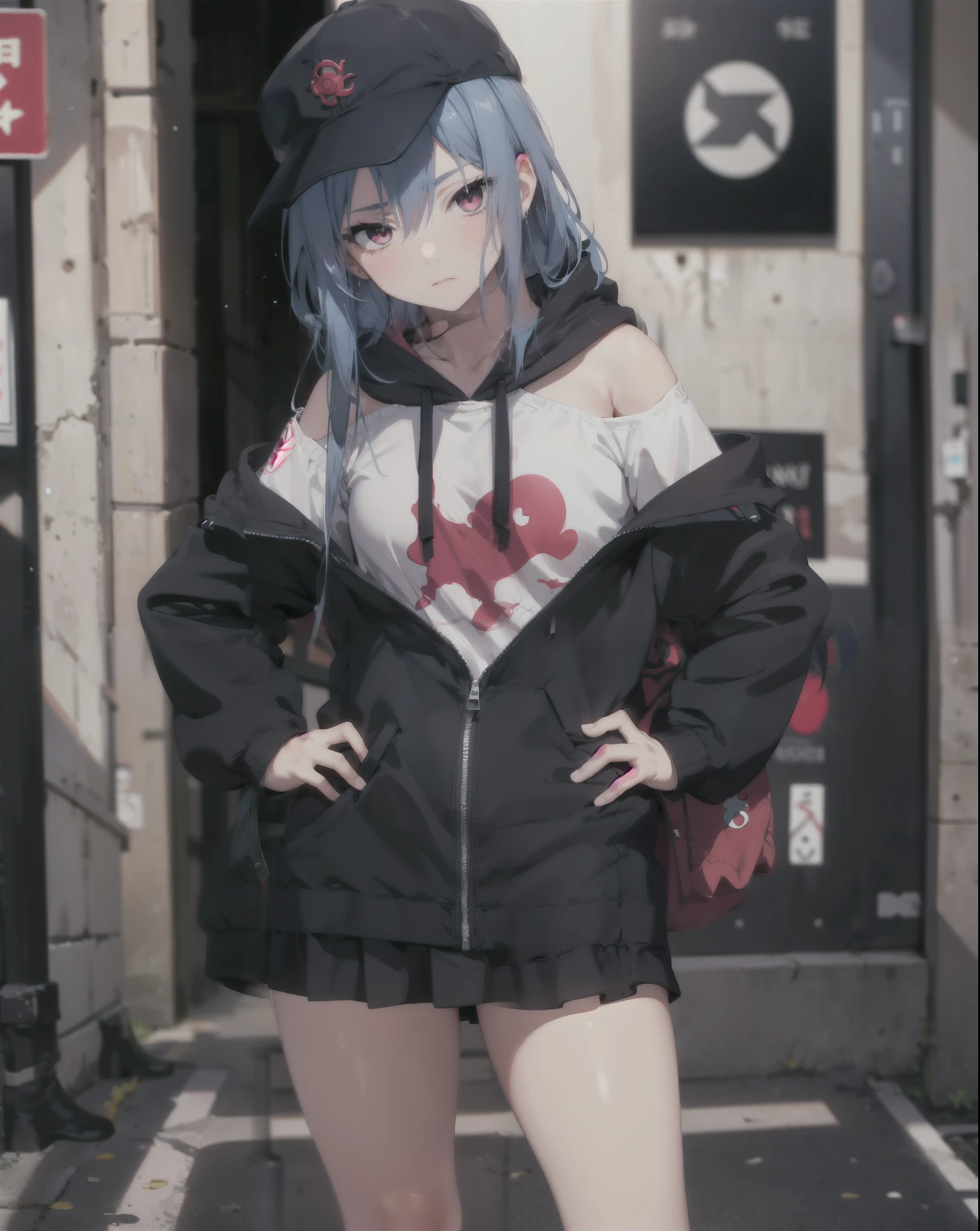masterpiece,1girl,solo,long hair,blue hair,hoodie, microskirt, akatsuki symbol, off shoulder:1.2, mob cap, street,hand on hip, hand in pocket,(uchiha sasuke female version), shy face