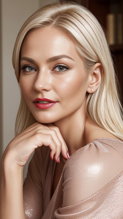 A waist-up portrait of a beautiful female whose face combines features of Katherine Boecher + Meghan McCain. The female has lovely makeup on her face. The female wears red lipstick. Symmetrical eyes. Symmetrical face. Lovely details. Photorealistic. Full-colored photo. Professional photo. Highly detailed 8K.