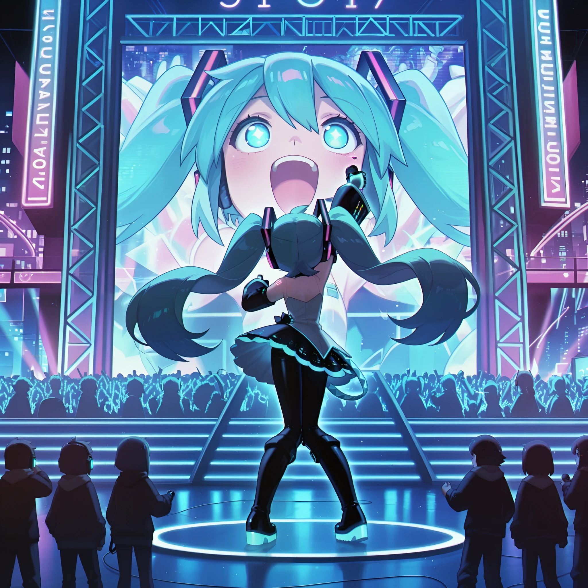 masterpiece, best quality, amazing quality, very aesthetic, high resolution, ultra-detailed, absurdres, newest, Anime screencap, highly detailed, high quality, hyper-Detailed, mistico_IL. BREAK.
1girl, solo, hatsune miku, cyborg, futuristic, neon lights, cityscape, digital art, anime, manga, virtual idol, concert, stage, performance, audience, cheering, microphone, headphones, wires, circuits, robotic, mechanical, glowing eyes, blue hair, twin tails, dress, boots, platform, futuristic fashion, cyberpunk, night, skyline, hologram, projection, screen, crowd, energy, dynamic, movement, singing, dancing.