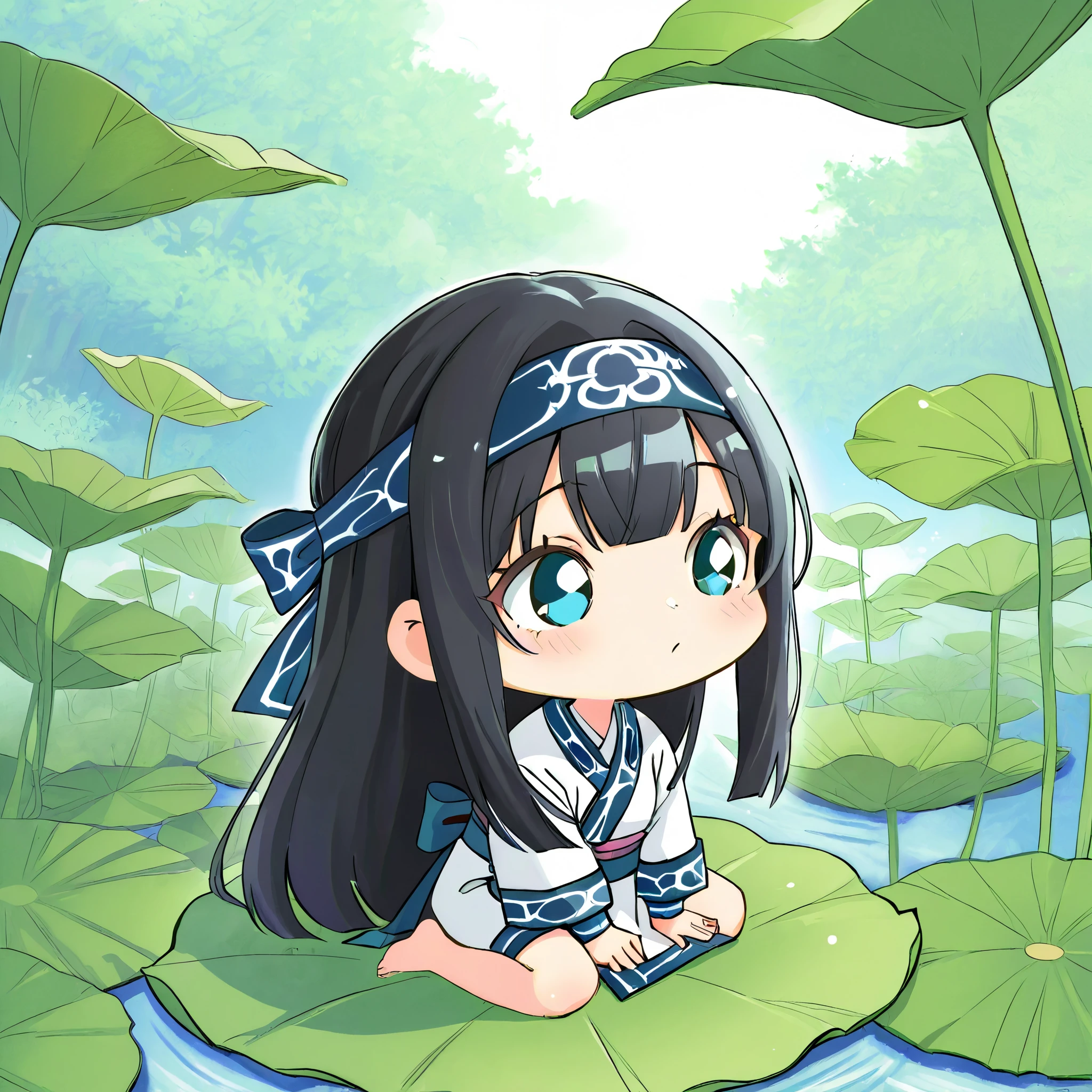 score_9, score_8_ up the side, score_7_ up the side, pretty girl on a lotus leaf, chibi, dot eye , Colop SMT , long hair, headbands , Ainu clothes , Long Sleeve, barefoot, Outdoors, Koropokkuru、Koropokkuru
