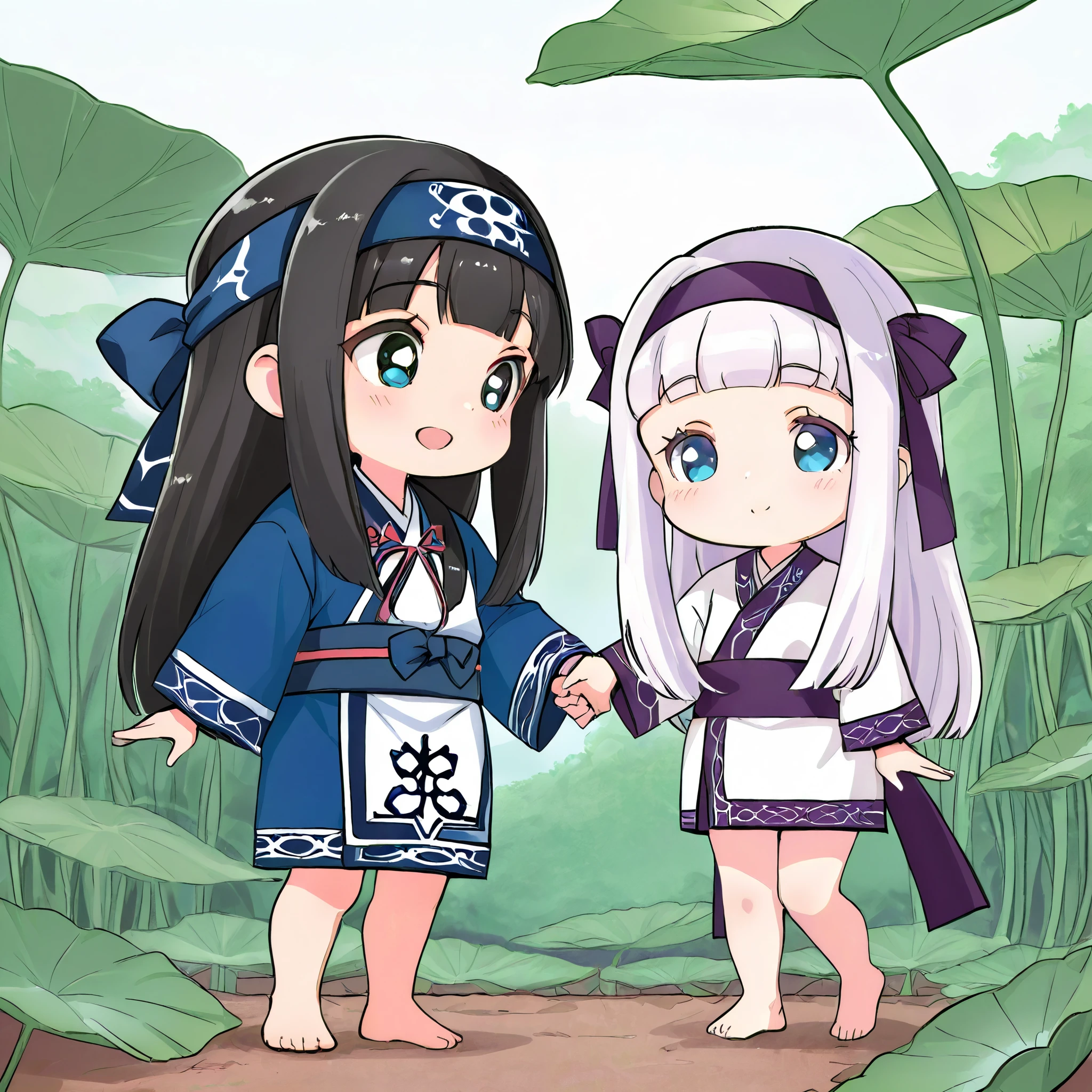 score_9, score_8_ up the side, score_7_ up the side, pretty girl on a lotus leaf, chibi, dot eye , Colop SMT , long hair, headbands , Ainu clothes , Long Sleeve, barefoot, Outdoors, Koropokkuru、Koropokkuru