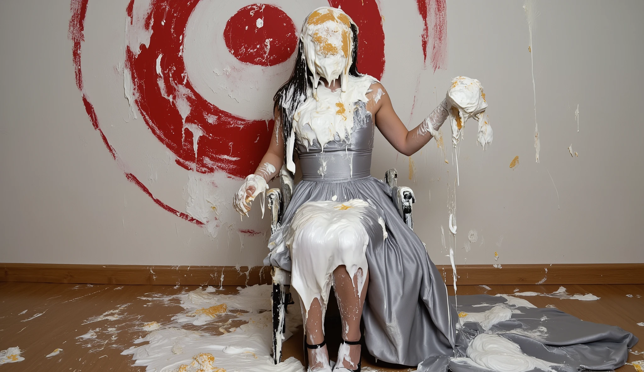 A beautiful 18-year-old girl with long, flowing dark hair and wearing a long satin formal dress and black strappy high heels sits in a chair in front of a wall that has a target painted on it directly behind where she is sitting. She is completely covered from head to toe with very thick white pie cream and the pies' white paper plates, including her face, of which her eyes, nose and mouth are completely obscured. There is more very thick white pie cream in her hair, on the wall behind her, on the chair and on the ground around her. ((Her mouth is closed)). (Full body shot). (No crusts). Carnival setting.