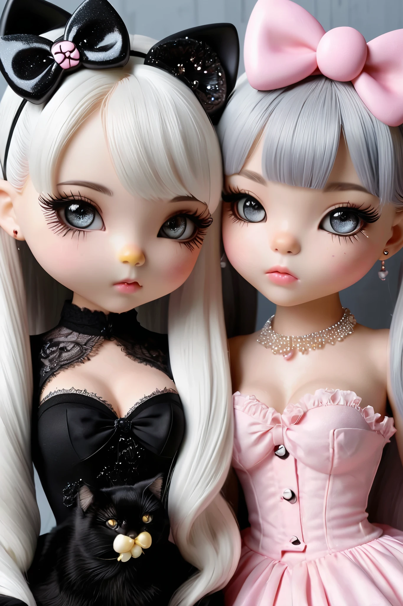 2 cat girls,2girl , twin tails, full body shot with a shy expression, 2 girls facing each other ,kitten, twin tails, full body shot with a shy expression,Hello Kitty ,とても beautiful,Black Catの耳, full body shot with a shy expression,Albino Skin,Cat's beard ,Cat ears,((Cat earsには大きなリボンの髪飾り)), animal ears animal ro,Animal whiskers , animal ears, style is good, eyelashes,Black Cat, beautiful太もも, round and sparkling eyes, has big eyes that don't fit the proportions of the face,Glass Eyes,Sparkling big eyes,Colored Contact Lenses, eyelashes, pair look, beautiful detailed eyes, beautiful detailed lips, highly detailed eyes and faces , long eyelashes, Black Hair, black eyes,, beautiful, is present,, photo is present, photo- is present:1.37, top quality, 4K, 8k, high resolution, Masterpiece:1.2, Super Detail, is present, vibrant colors, studio lighting, Physically Based Rendering, very detailed depiction, Professional, beautiful natural lighting, intricate details, Lolita Fashion ,Belly button exposed
