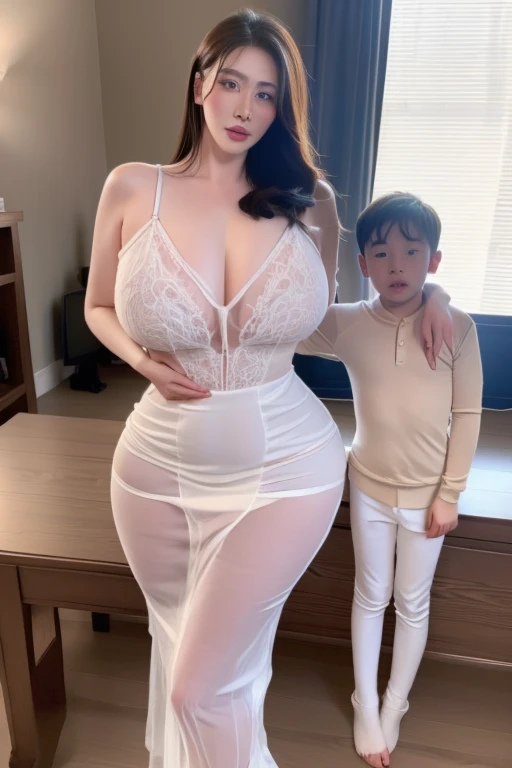 ((1 mature mother and her young son)),Delicate details on the lips,a milf,artstationh trend,intricate face details,curvy physique,(thick body),vibrant,4k,12k resolution,seductive,  mom boy seductive ippo makanaochi, ((see through nightgown, slim body, slim leggs, long leggs, bulge hard nipples : 1.2)