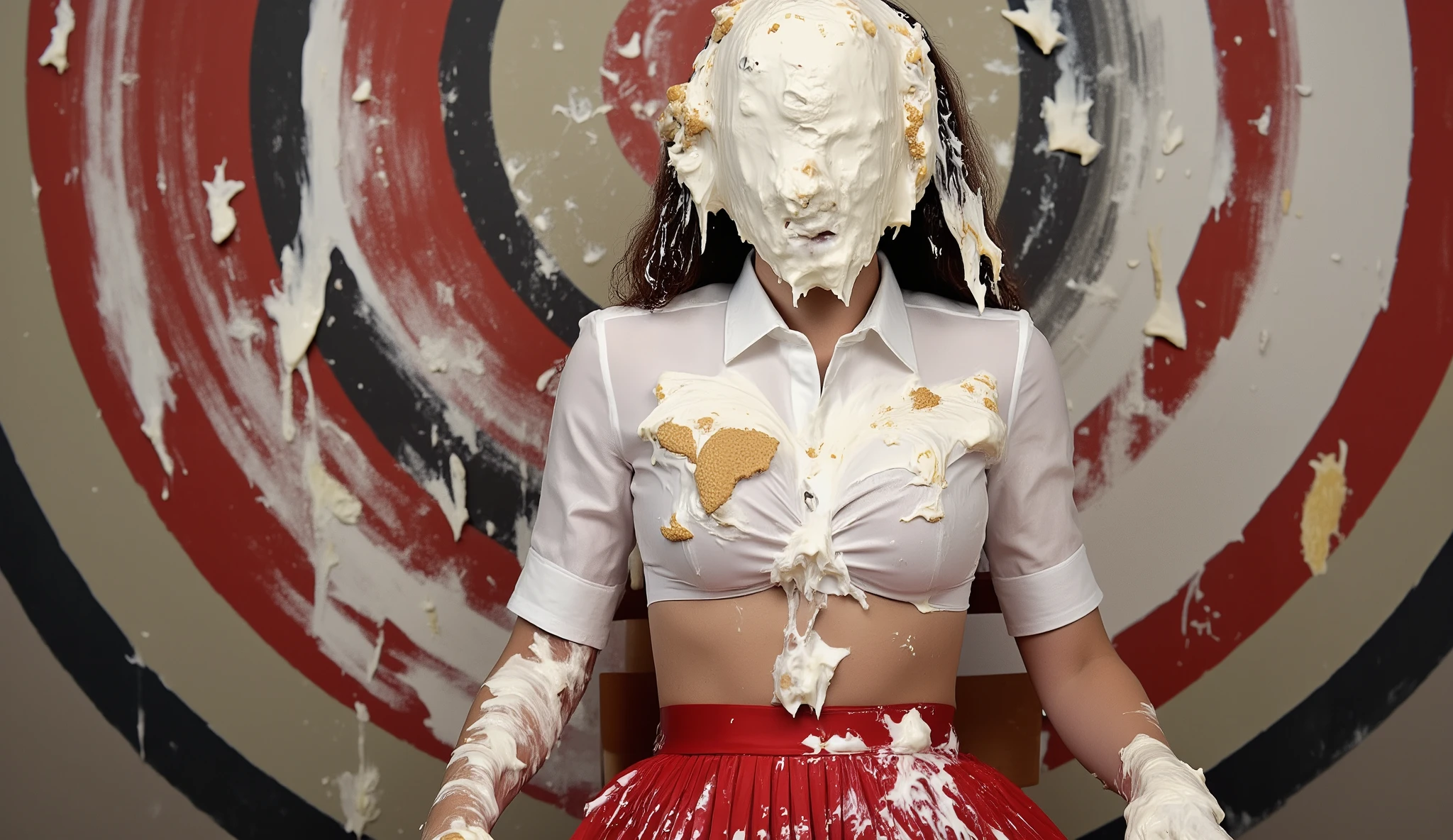 A beautiful 18-year-old Japanese girl with huge breasts wearing a white blouse, short red pleated skirt and black strappy high heels sits in a chair in front of a wall that has a target painted on it directly behind where she is sitting. The centre of the target is directly behind the girl's head. She is completely covered from head to toe with very thick white pie cream and the pies' white paper plates, including her face, of which her eyes, nose and mouth are completely obscured. There is more very thick white pie cream in her hair, on the wall behind her, on the chair and on the ground around her. ((Her mouth is closed)). (Full body shot). (No crusts). Carnival setting.