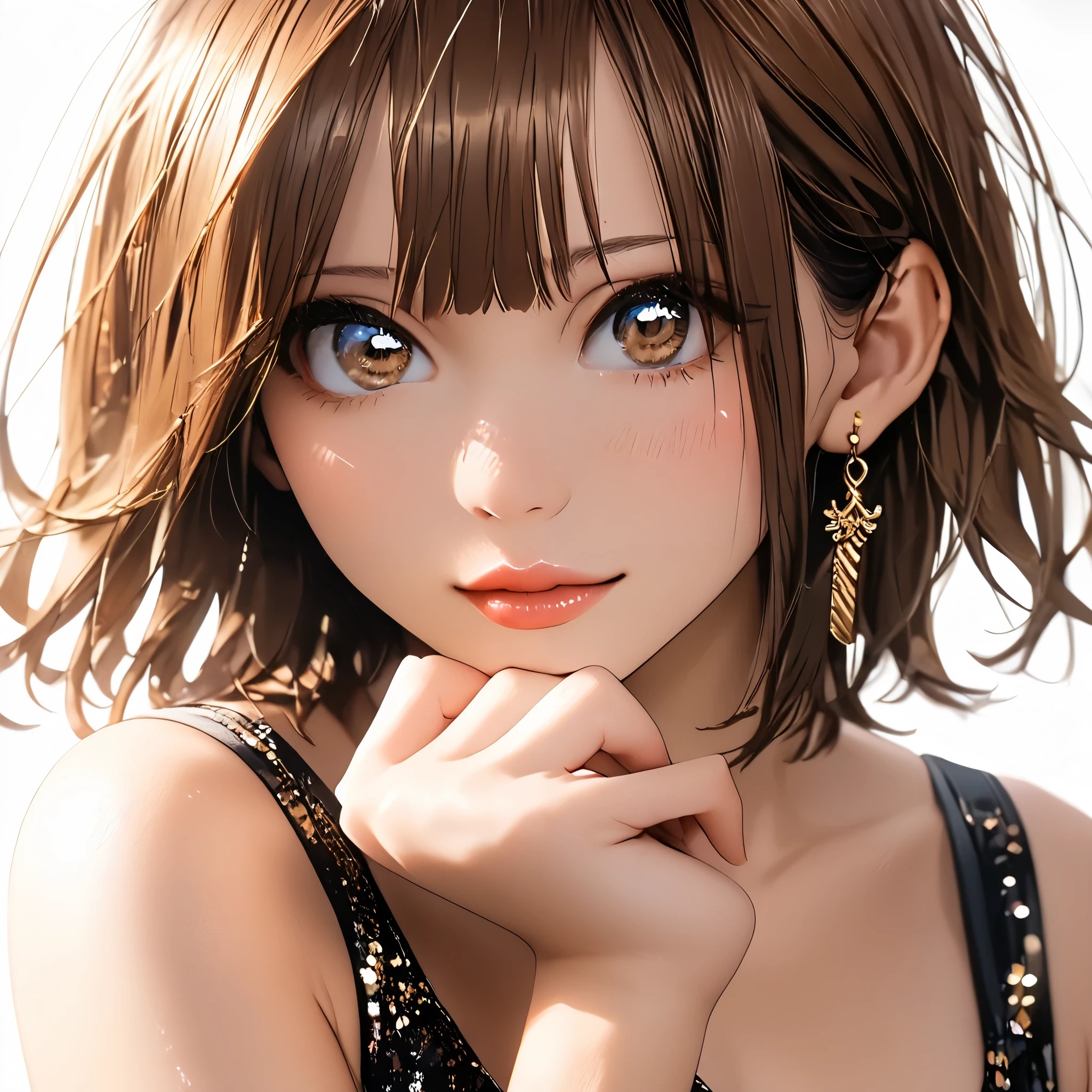 (beautiful girl:1.3),1girl,masterpiece,Highest quality,Ultra-high resolution,rich contrast,super high quality,8k,Highly detailed CG unit wallpaper,texture,Incredibly absurd,Ultra-high resolution,Highest quality anime,professional photograph,an extremely delicate and beautiful,RAW Photos,Depth of Field 1.2,ultra-detailed eyes,Glitter Effect,Beautiful glossy lips, 25years old, gorgeous legs, noise perfect, gorgeous ass, dynamic pose, sensual woman, seductive woman, mature woman, Milf, maternal, shy look, full body, (type of photo: medium shot, portraying the person from head to waist), brown hair, brown eyes, short hair, medium breasts, Chinats, Kano Chinatsu from the BlueBox series,
