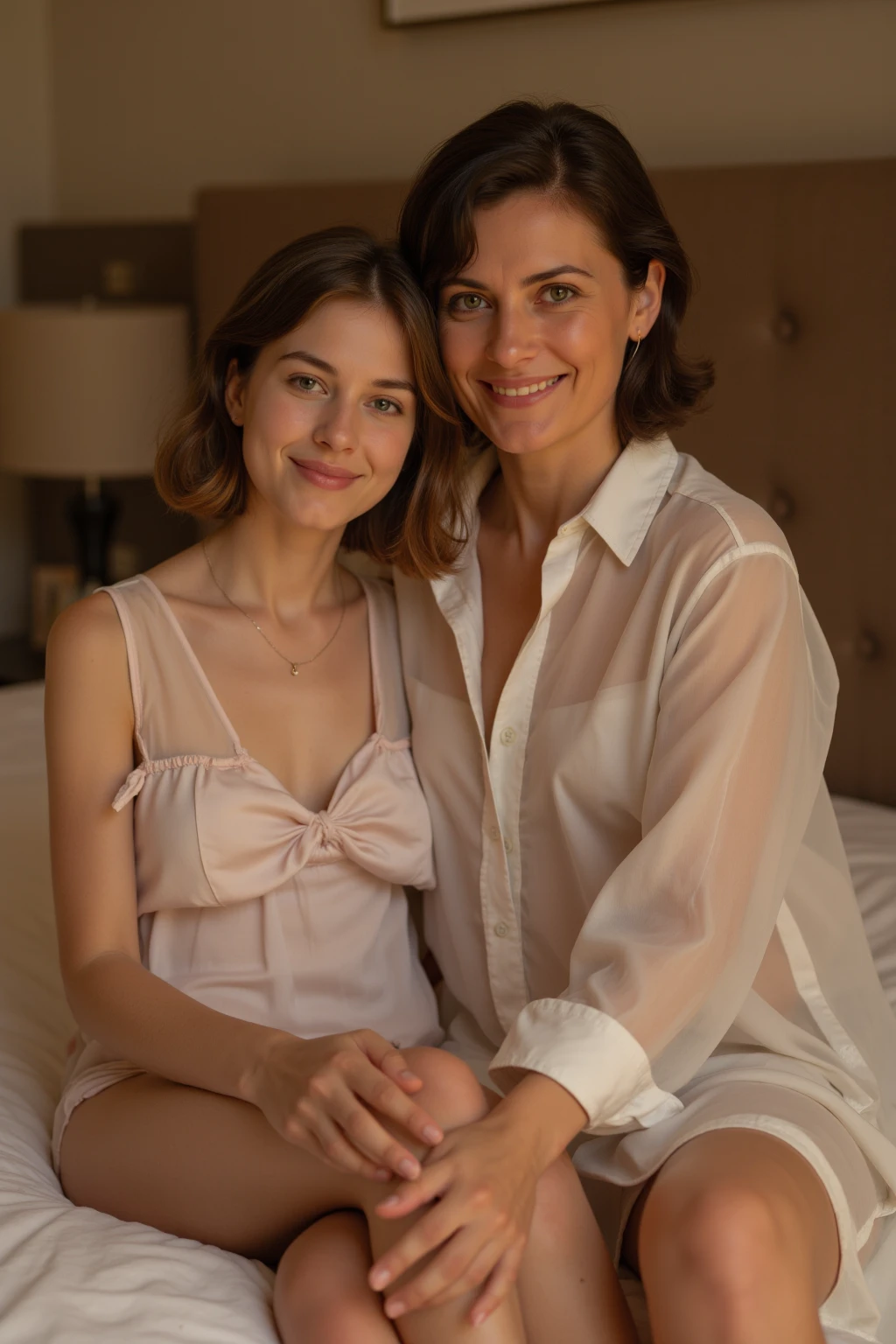 40 yo Mom and daughter. Mom with dark hair chubby figure and brown eyes, and daughter with long blonde hair with blue eyes and skinny body with natural face. Both wearing opened bath robes. Viewer can see her transparent undies, nude under bath robe