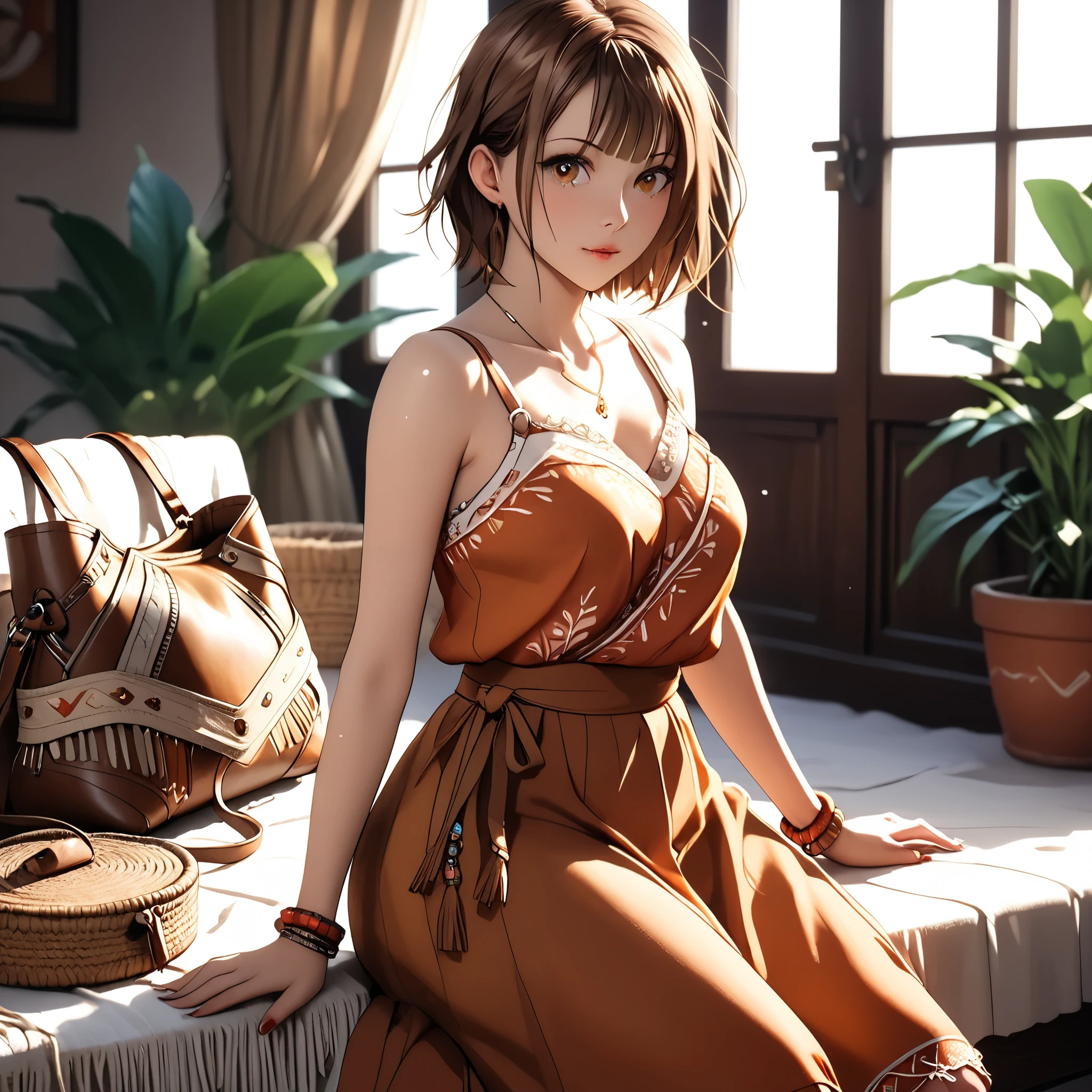 (beautiful girl:1.3),1girl,masterpiece,Highest quality,Ultra-high resolution,rich contrast,super high quality,8k,Highly detailed CG unit wallpaper,texture,Incredibly absurd,Ultra-high resolution,Highest quality anime,professional photograph,an extremely delicate and beautiful,RAW Photos,Depth of Field 1.2,ultra-detailed eyes,Glitter Effect,Beautiful glossy lips, 25years old, gorgeous legs, noise perfect, gorgeous ass, dynamic pose, sensual woman, seductive woman, mature woman, Milf, maternal, shy look, full body, (type of photo: medium shot, portraying the person from head to waist), chinatsu kano, short hair, brown hair, brown eyes, medium breasts,Kano Chinatsu from the Blue Box series, Boho Set (Adventure and Freedom): Top: Sleeveless linen blouse in terracotta tone with floral embroidery in white thread, with a "V" shaped neckline and thin straps.
Bottom: Long skirt with a wrap-around cut, with a multicolor ethnic print in warm tones (red, orange and yellow). The skirt has a lace fringe at the bottom edge.
Shoes: Brown leather sandals with thin straps and beaded details. Accessories: Wooden bracelets, silver rings and a straw bag with leather details.