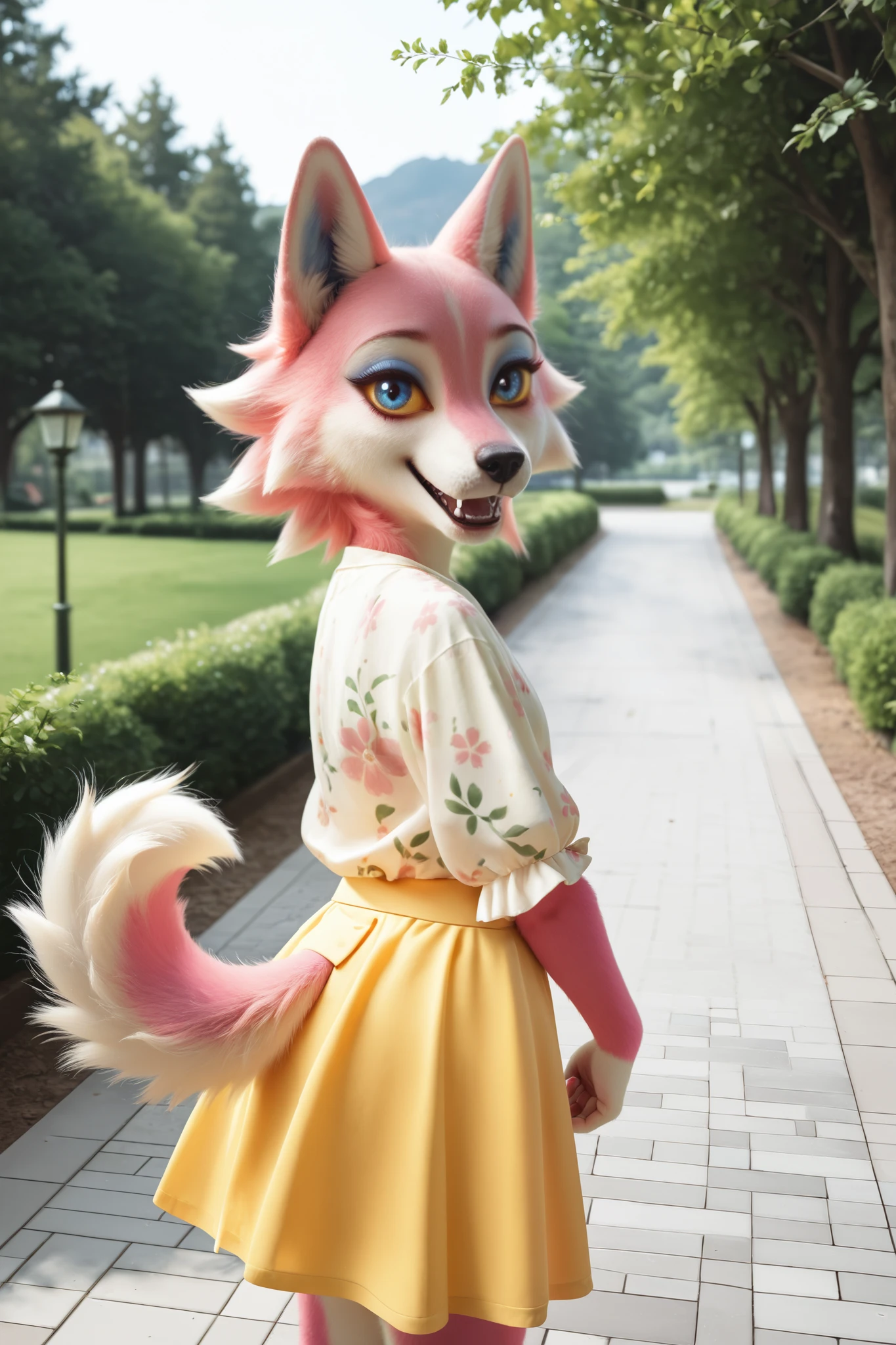 masterpiece, best quality, amazing quality, very aesthetic, high resolution, ultra-detailed, absurdres, newest, photorealistic , hyperrealism, photography, realistic BREAK 1girl, solo, Fr3ya, anthro, furry female, pink fur, blue eyes, colored sclera, yellow sclera, blue eyeshadow, wolf tail, floral print yellow shirt, yellow skirt, standing, looking at viewer, open mouth, smile, happy, outdoors, park