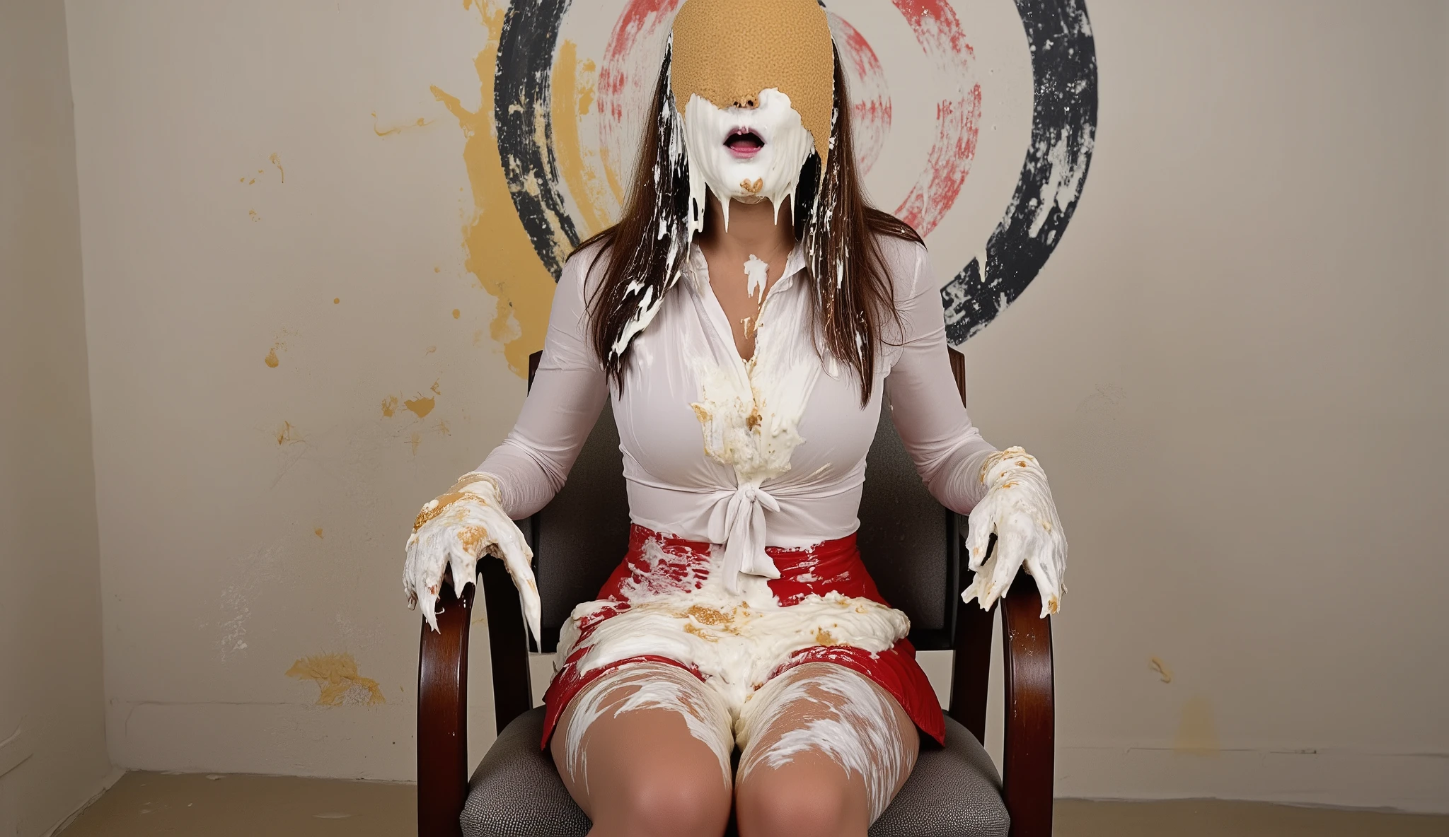 A beautiful 18-year-old Japanese girl with huge breasts wearing a white blouse, short red pleated skirt and black strappy high heels sits in a chair in front of a wall that has a target painted on it directly behind where she is sitting. The centre of the target is directly behind the girl's head. She is completely covered from head to toe with very thick white pie cream and the pies' white paper plates, including her face, of which her eyes, nose and mouth are completely obscured. There is more very thick white pie cream in her hair, on the wall behind her, on the chair and on the ground around her. ((Her mouth is closed)). (Full body shot). (No crusts). Carnival setting.