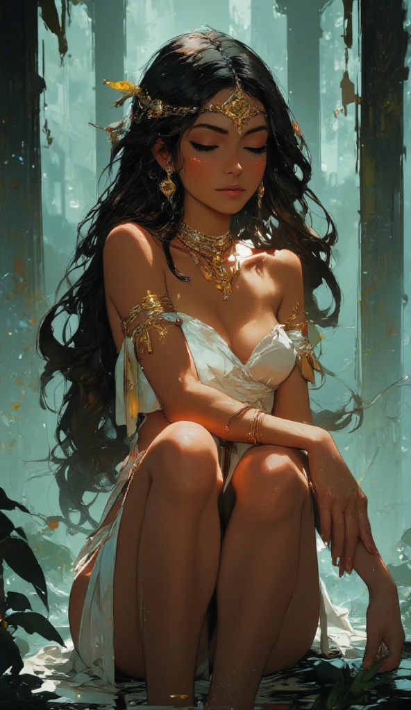 a painting of a woman in a green bikini sitting on a tree branch, artgerm julie campana escarabajo, estilo ivan talavera y artgerm, artgerm and ilya kushinov, como se ve en artgerm, ross tran 8 k, very warm, artgerm and I'm here, Ross Tran y Michael Whelan, (nsfw:1.5),anky moore, bottom view, sexy white and red clothing (cameltoe), graffiti background, (masterpiece), (best quality: 1.2), absurd, intricate details, flowers, leaves, roots, ((beautiful girl sitting on railing in front a jardin)), ((beautiful Latina girl with exaggeratedly long hair)), ((brown and black hair)), ((large, well-detailed eyes)), bright brown eyes)), ((tanned skin)), ( (wet skin)), ((girl sitting on railing looking at full moon)), ((semi-naked girl in transparent tunic showing naked body)), ((full body)), girl seen from the front, night light, (( lantern and lamp)), ((garden illuminated with lantern)), ((small breasts visible)), ((female model from the front)), ((transparent clothing melted in water)), ((impressionist garden art)) , ((dynamic pose in sexy movement)), ((skin wet with water)), ((watercolor art)), (perfect pencil drawing), (((tattoo on ankles and feet))), ((( sheer red panties))), (sheer red blanket), ((surreal art)), ((overexposure art)), ((wlop style art)), vibrant colors, swirling patterns, abstract shapes, surreal, trippy, art of naked girls, (masterpiece, top quality, official art, beautiful and aesthetic: 1.2), (1 flower), Extremely detailed, (Fractal Art: 1.3), colorful, more detailed, Sakimichan style art, slight smile, open legs , ((pubic hair view)), 1 sexy girl in transparent forest clothes, exposed breasts, transparent open t-shirt, tattoos of mandalas and flowers on naked body, ((night sky full moon)), ((feet inside pond)), ((face of brunette Latin girl)), ((shiny brown skin wet with water)), ((long, braided hair)), ((girl well focused on scene)), (lady looking at full moon )). ((antique clock floating)), magic clock floating)),