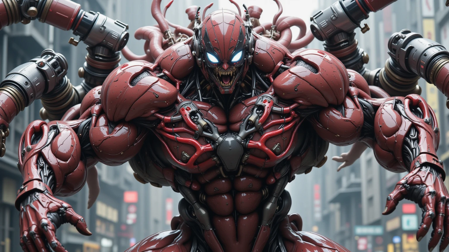 (beautiful girl:1.25), (megan fox:1.25), (young bodybuilder girl wearing cybernetic muscle suit:1.25), carnage muscular physique, seductive face, mouth wide open carnage style, long red hair, perfect muscular body, super skinny legs, sissy, femboy, (carnage style physique)
