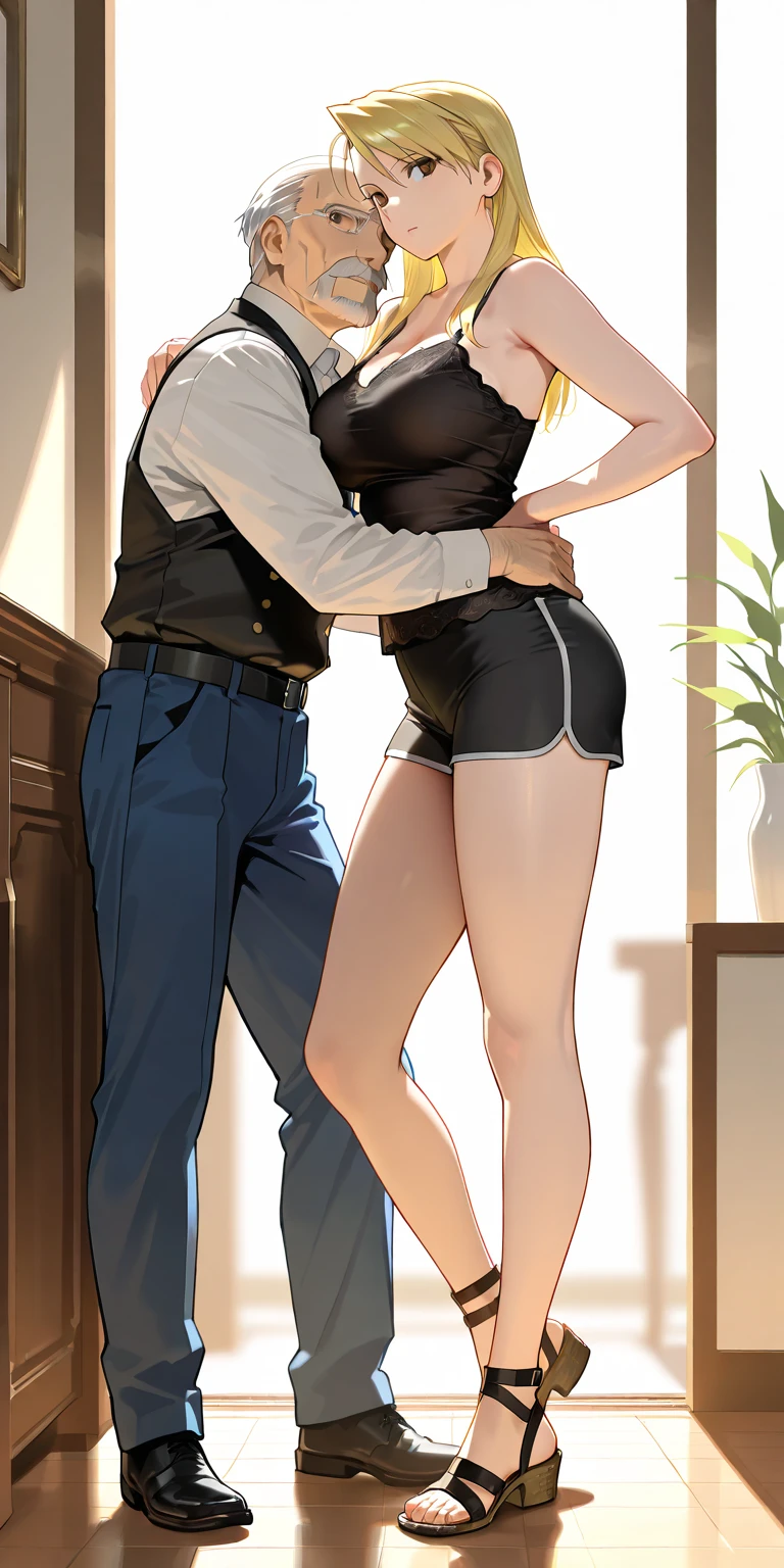 there is a wasted thicc woman from behind in a short thigh skirt and high heels and a man in a blue shirt, white pants and brown shoes, by Hugh Hughes, focus her back, close scene, with his back turned, man grabbing a womans waist, by Tina Blondell, by Rob Alexander, by Lisa Milroy, various seducing poses, inspired by Art Frahm, very realistic, by Bob Ringwood. Anime style, anime style, anime style! Anime style, anime style!!; 2D. The woman's face is not shown! The woman's face is not shown. 2D style, 2D style!!!!