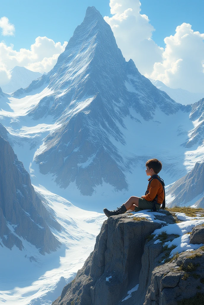 A young boy sitting mountain 