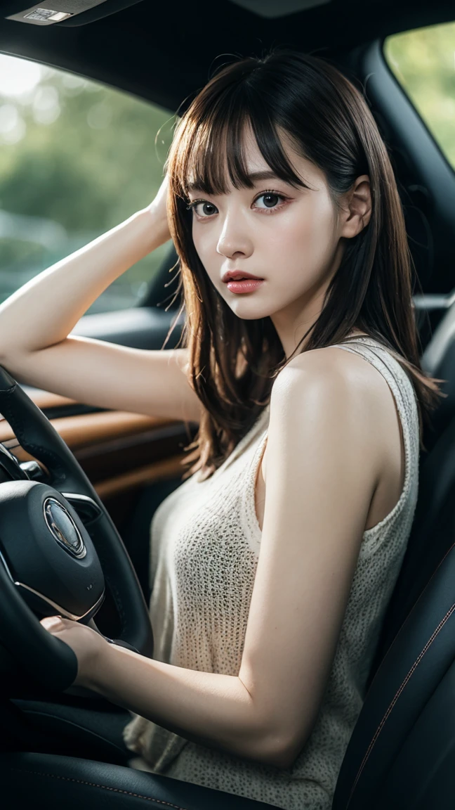 A girl driving a car while using a smartphone