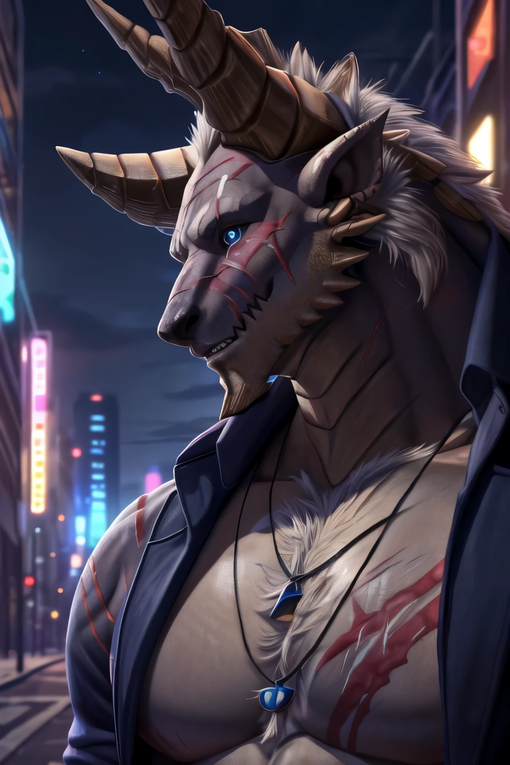 (dragon), two colors, scars on the face, beautiful eyes,necklace hanging around neck,( muscular body:1.3), scars on the face, handsome, OK,(scars on the face), on the street,(city background),(scars on the face:1.2),look at the screen,(dragon horn),perfect masterpiece,