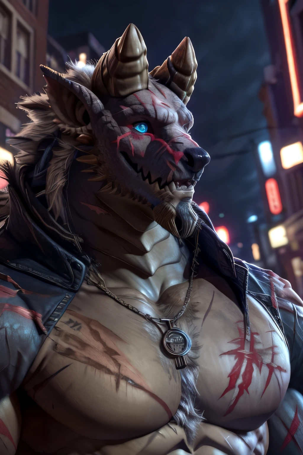 (dragon), two colors, scars on the face, beautiful eyes,necklace hanging around neck,( muscular body:1.3), scars on the face, handsome, OK,(scars on the face), on the street,(city background),(scars on the face:1.2),look at the screen,(dragon horn),perfect masterpiece,