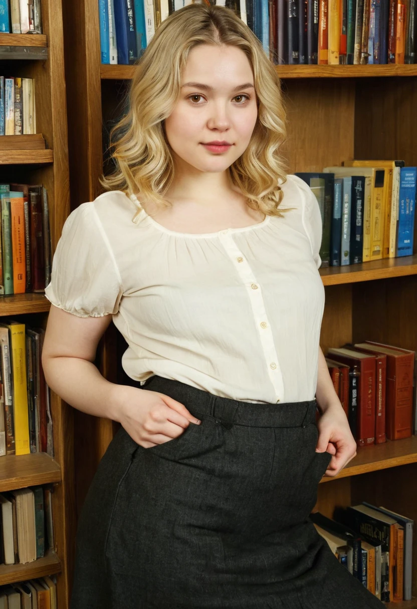 @realwhiptrax, RealWhiptrax, masterpiece, best quality, 1girl, chubby:1.1, waist up, green|grey eyes, freckles, smile, lips, blonde hair, thick eyebrows, closed mouth, looking at viewer, wide hips, wearing a blouse and a skirt , hairband, indoors, background: inside a vast library overlooking a terrace on the 2nd floor, bookshelves, book carts, solo, <lora:RealWhiptrax:1>