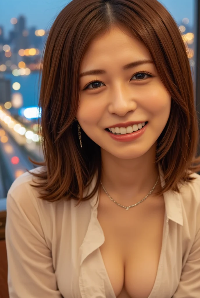 Masterpiece, One beautiful girl, Fine grain, Puffy eyes, Highest quality, 超High resolution, (Real:1. 4), Cinema Lighting, Japanese, Asian Beauty, Super Beauty, Beautiful Skin, slender, Front facing body, (超Real), (High resolution), (8k), (High resolution), (美しくFine grain), (Super detailed), (wallpaper), Detailed face, Bright lighting, Professional Lighting、 View Art, from the front, (The outfit is a red knitted dress), Long Hair, My hair is messy, Asymmetrical bangs, Night view, Brown Hair, Japan is an idol, Gravure idol pose, 36 years old, expensive, smile, Flower park scenery at dusk, (Posture towards the camera)、