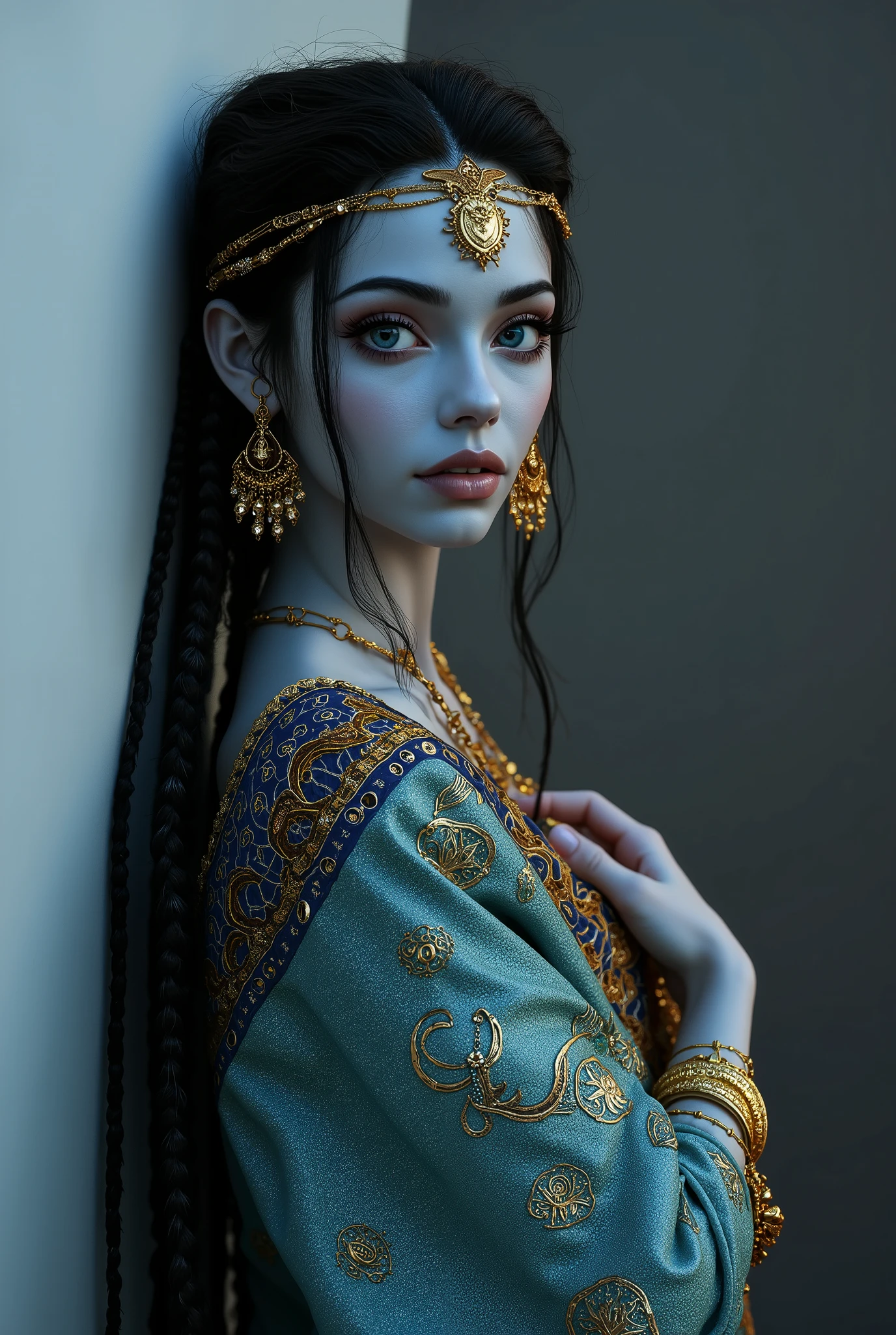 waist-deep portrait photo , close-up ,maximum quality , photorealism, genie girl ( genie like Aladdin's magic lamp , mystical creation female genie , blue skin , dark hair braided in a thick braid , gold jewelry with gemstones , expensive robe in the style of ancient Egypt and Mauritania embroidered with gold, maximum detail , looks at us , facing us (genie girl , light blue full-body skin , mysterious appearance ), mythical glow , on neutral gray-white-black gradient background ),eyes shine blue , unearthly otherworldly beauty