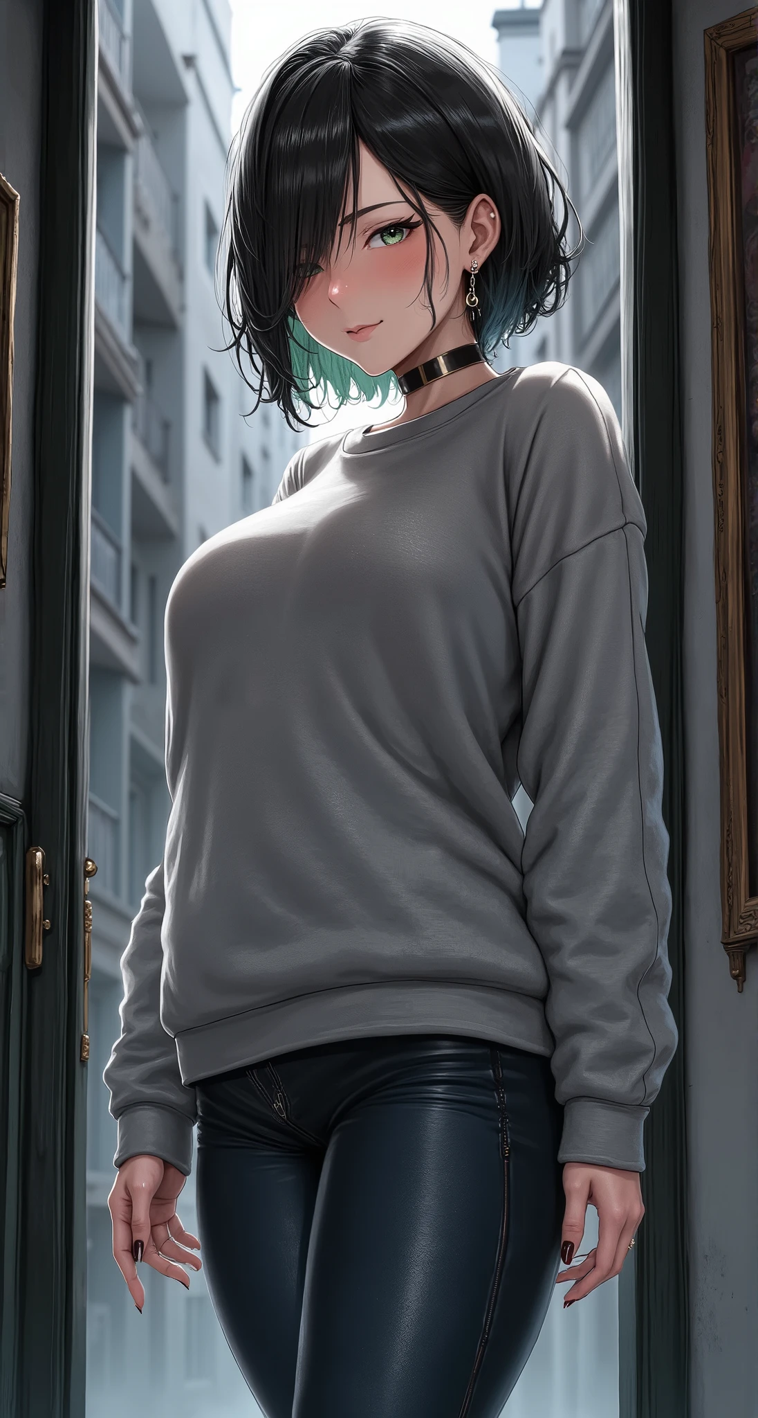 A modern and enigmatic young woman standing in the doorframe of an urban apartment building. She is the epitome of understated elegance, with a perfect face that draws the viewer's gaze to her expressive, dark green eyes. A smirk plays on her lips. Her short black hair, with subtle shades of really dark green, is styled with long, sweeping bangs that partially conceal her face, adding an air of mystery to her allure. The woman wears a chic grey wool sweatshirt that complements her flawless complexion, and her dark blue jeans hug her figure, accentuating her big breasts and straight, toned legs. Her hands, with perfectly manicured black nails and delicate fingers, rest casually at her sides, showcasing a set of sleek silver ear piercings. Her pose is relaxed yet commanding, with one foot slightly in front of the other as if she owns the space around her. She looks directly into the camera, challenging the viewer to unravel the story behind her confident gaze. The lighting casts a soft glow on her, highlighting the intricate details of her ensemble and the rich tones of her hair., HigokkoStyle