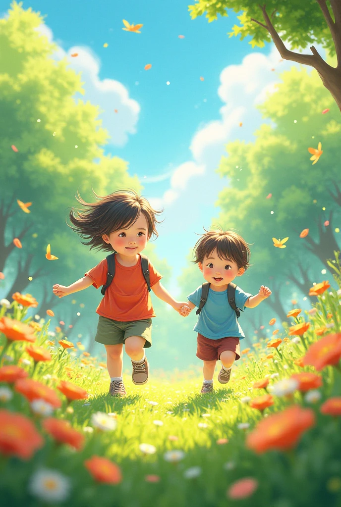 ((Best Quality)), ((Masterpiece)), 1 Girl 1 Boy Running, Happy, Boy Has 2 Feet, Big Eyes, Looking Ahead, Spring Swim, Grass in the background, Falling Flowers, Perfect Face, Intricate Details, Clear Focus, Ultra Low Vision, Wide Angle Lens, V6