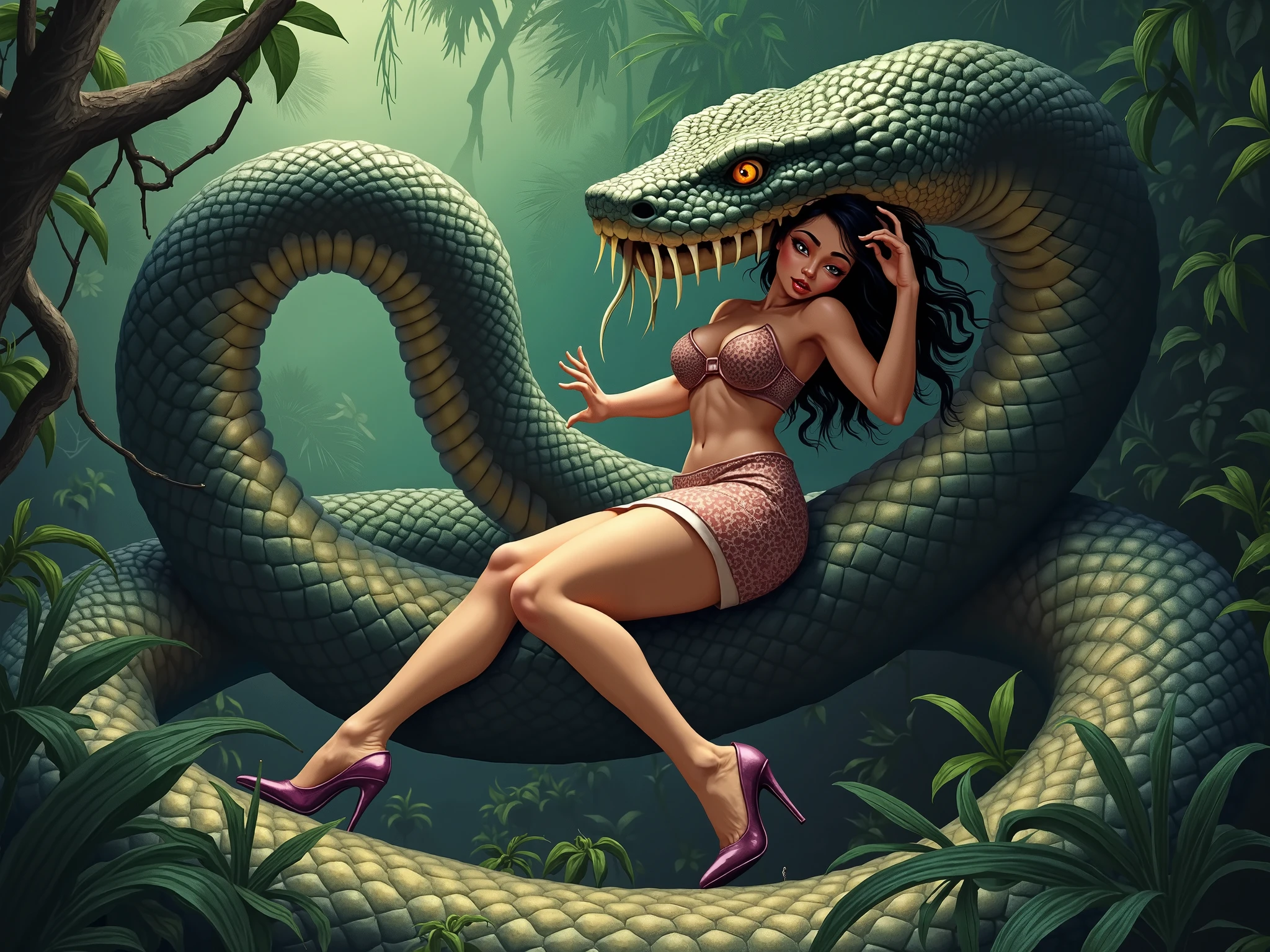 Pregnant Happy Horny, aroused 1girl), beautiful kneeling   princess jasmine with  giant colossal Kaa monster squeezing her hard, wrapped in thick spiraling coils, constricted, struggle, gasping for air, snake attack, snake peril,